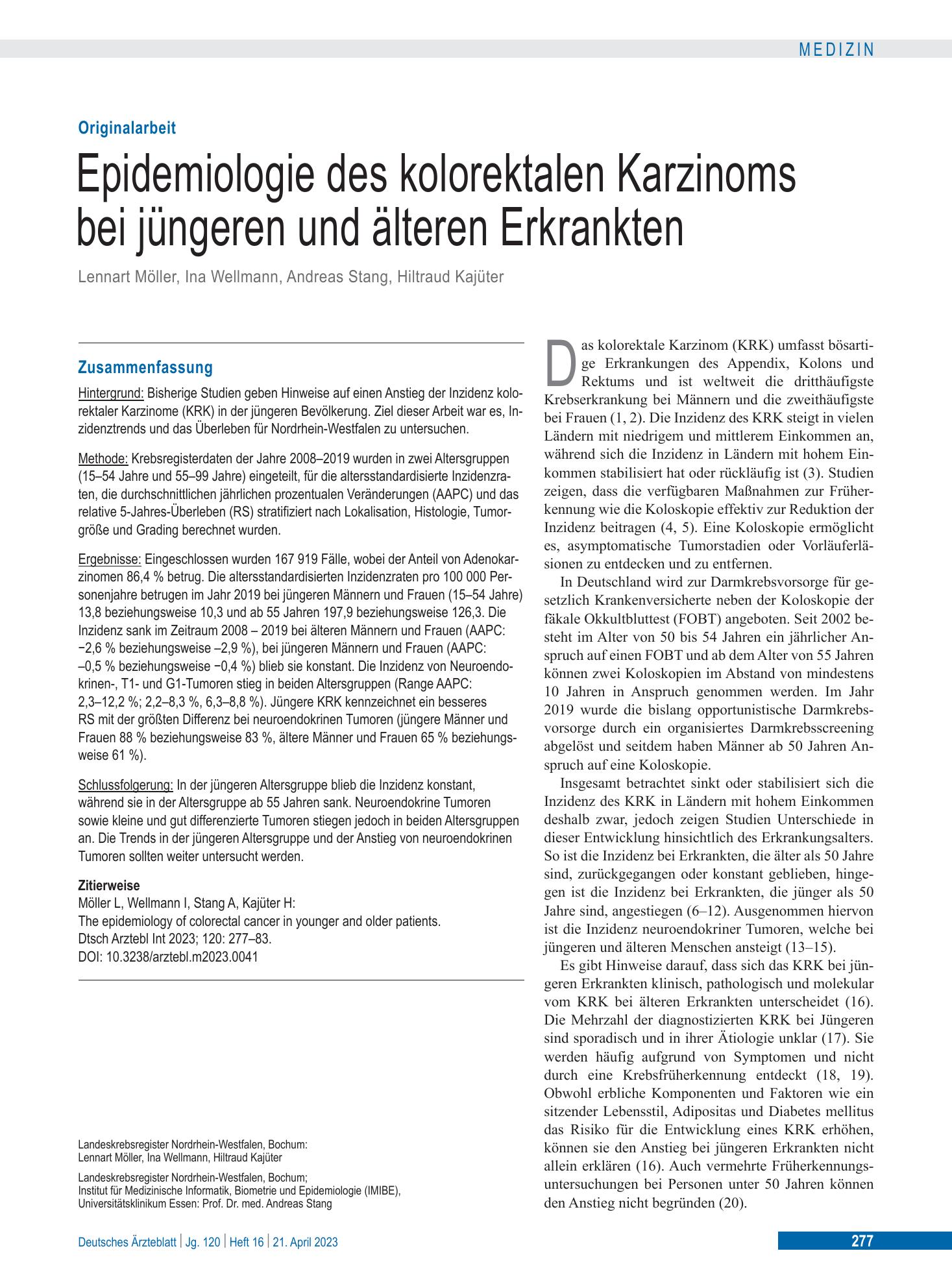 Vorschauseite 1: Epidemiologie des kolorektalen Karzinoms bei jüngeren und älteren Erkrankten – Deutsches Ärzteblatt