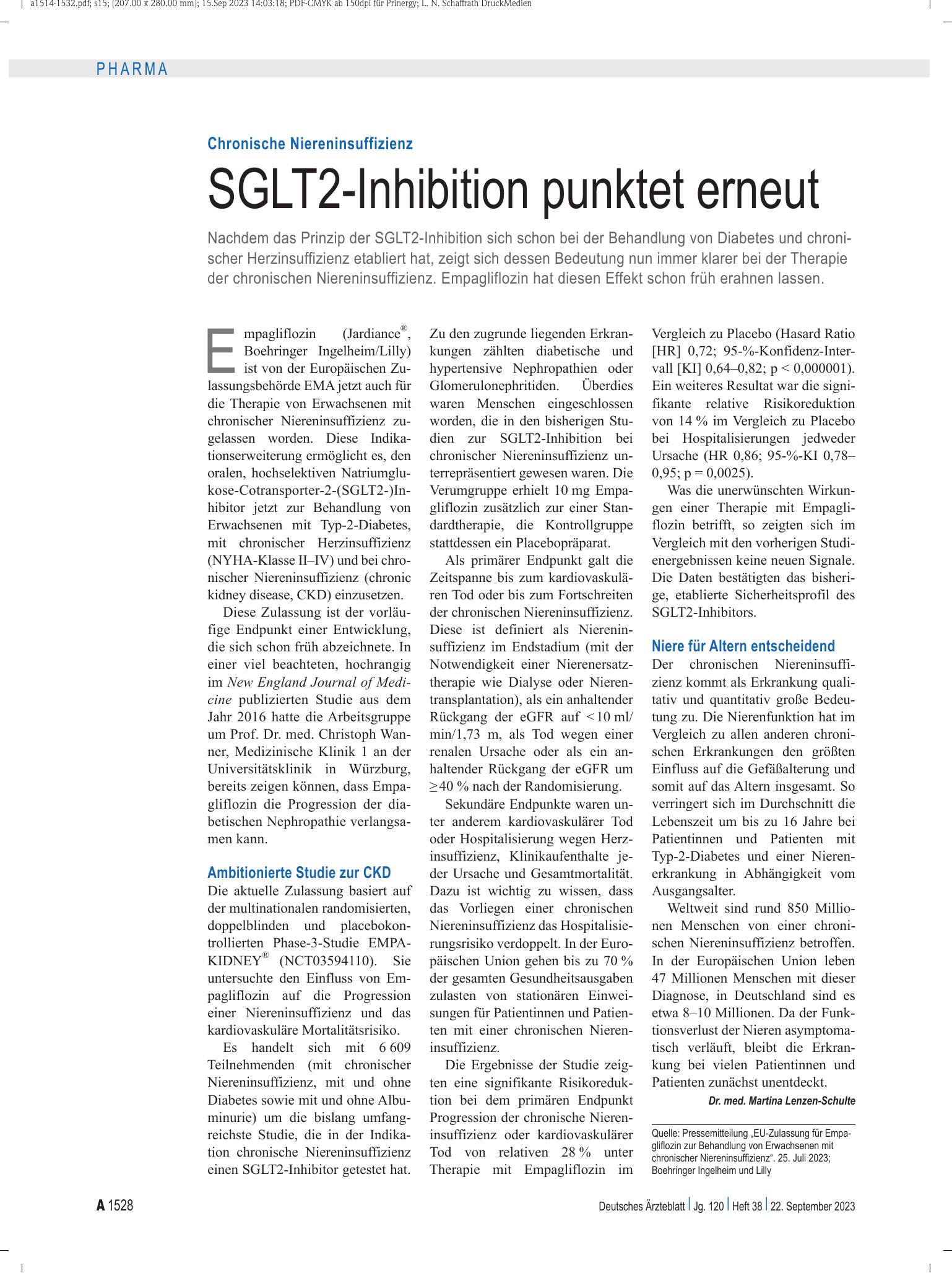 Vorschauseite 1: Chronische Niereninsuffizienz: SGLT2-Inhibition punktet erneut – Deutsches Ärzteblatt