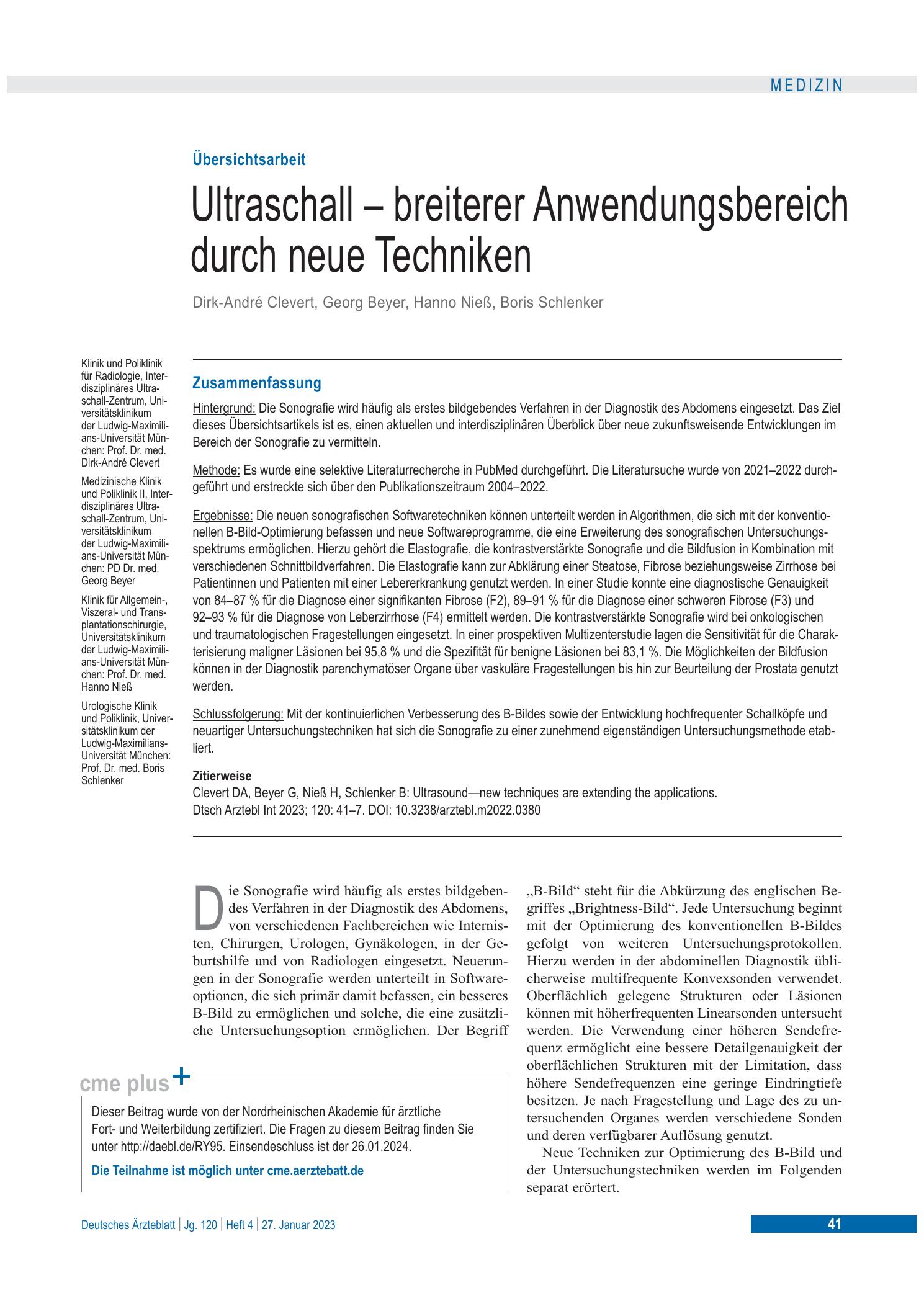 Vorschauseite 1: Ultraschall – breiterer Anwendungsbereich durch neue Techniken – Deutsches Ärzteblatt