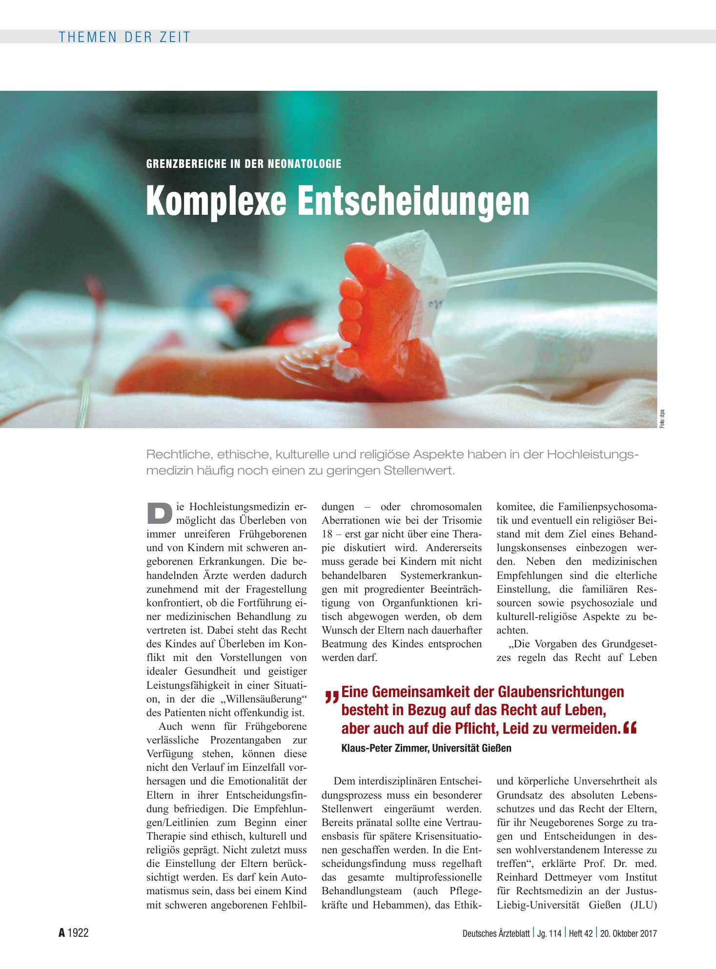 Vorschauseite 1: Grenzbereiche in der Neonatologie: Komplexe Entscheidungen – Deutsches Ärzteblatt