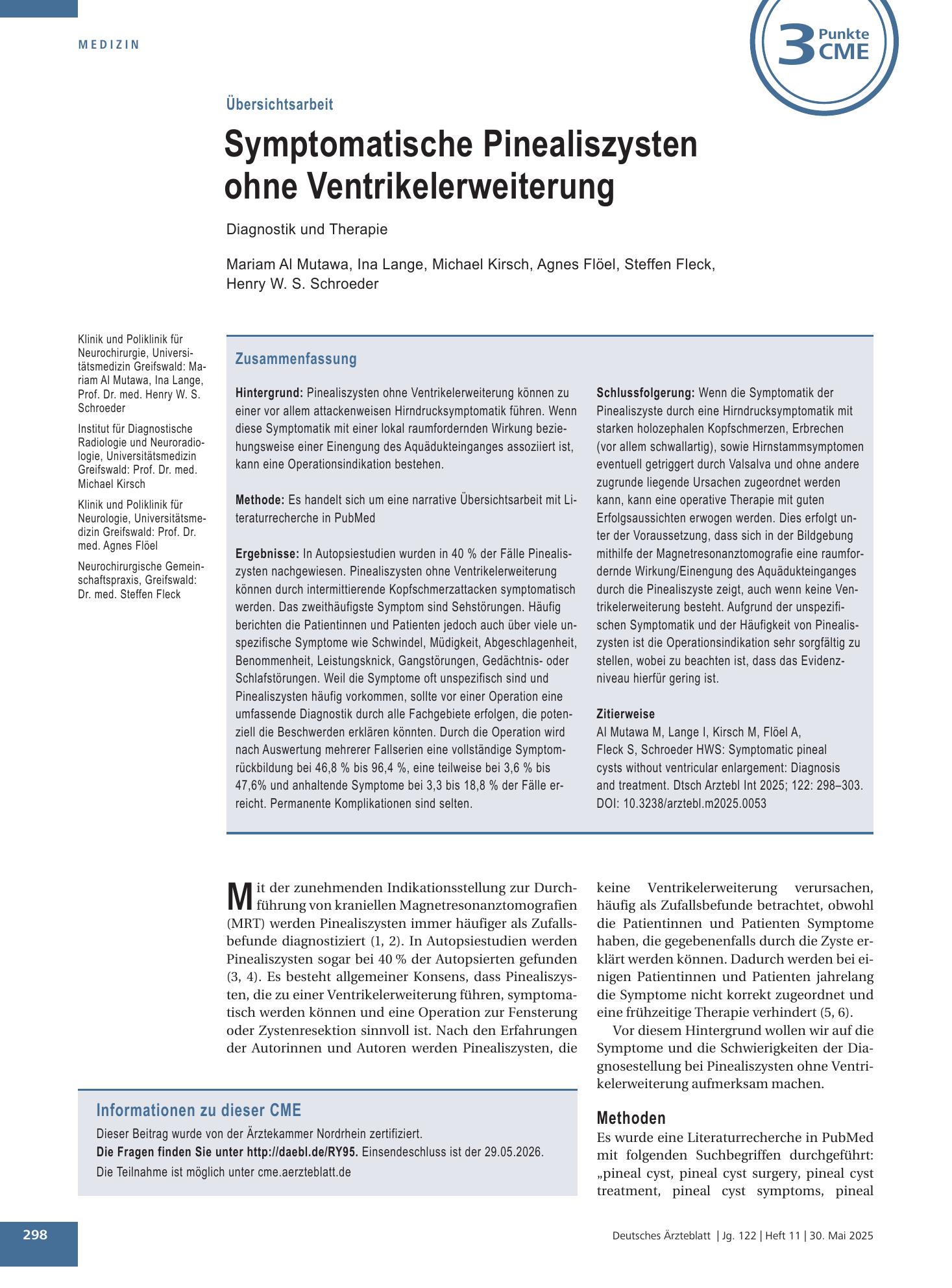 Vorschauseite 1: Symptomatische Pinealiszysten ohne Ventrikelerweiterung – Deutsches Ärzteblatt