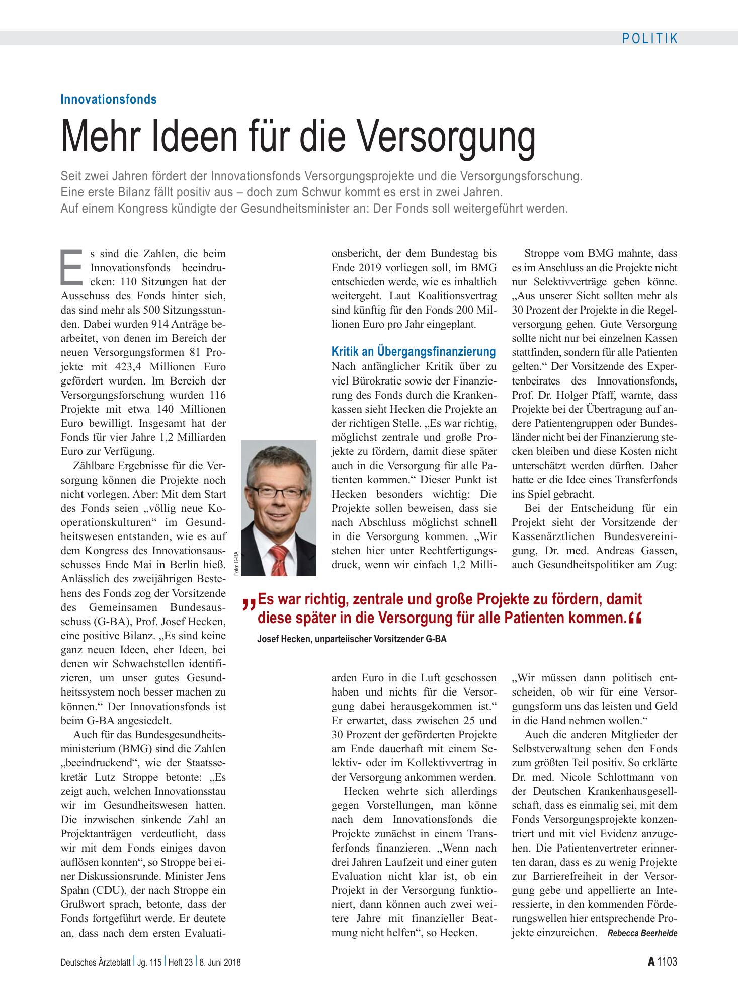 Vorschauseite 1: Innovationsfonds: Mehr Ideen für die Versorgung – Deutsches Ärzteblatt