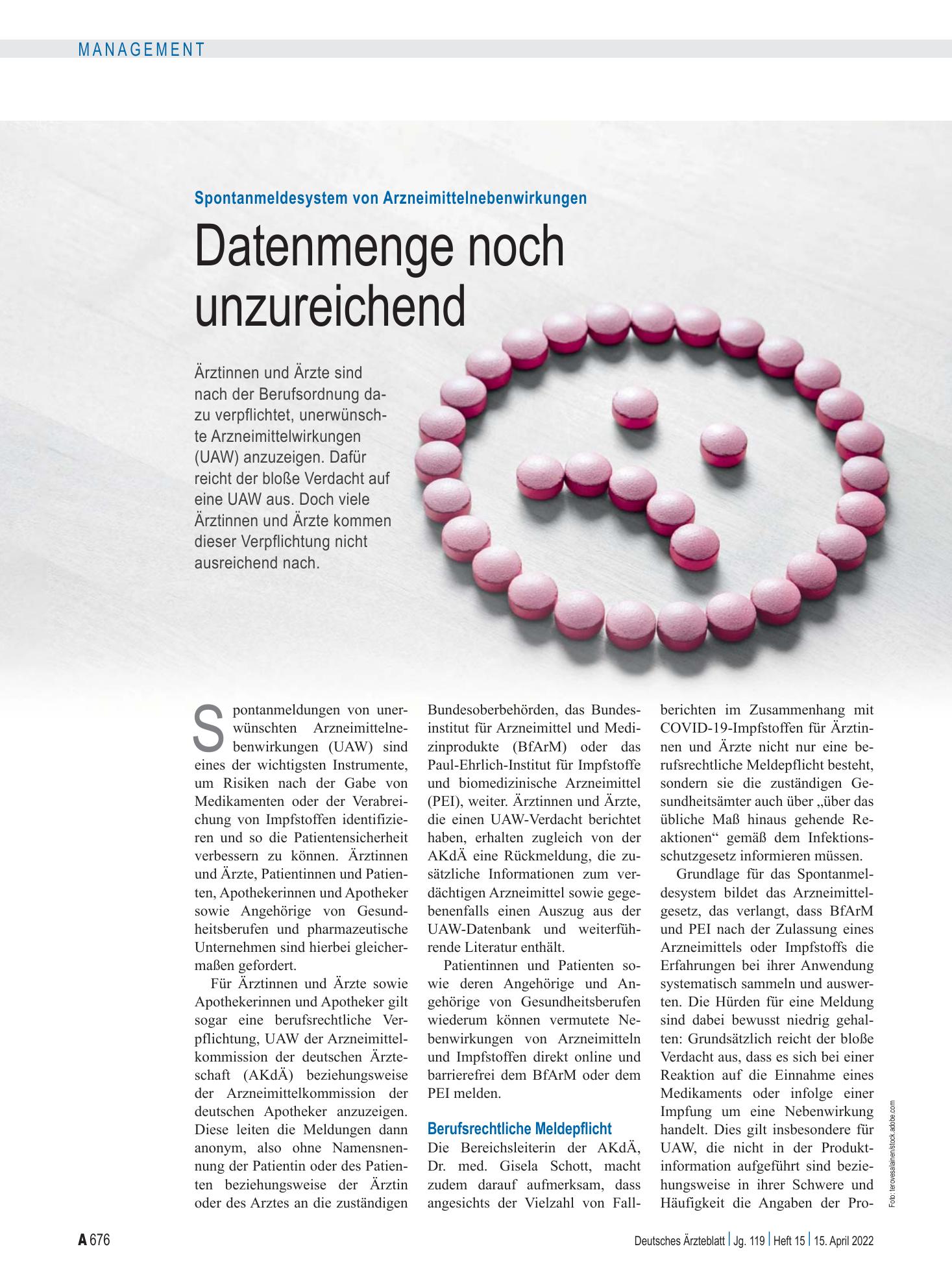 Vorschauseite 1: Spontanmeldesystem von Arzneimittelnebenwirkungen: Datenmenge noch unzureichend – Deutsches Ärzteblatt