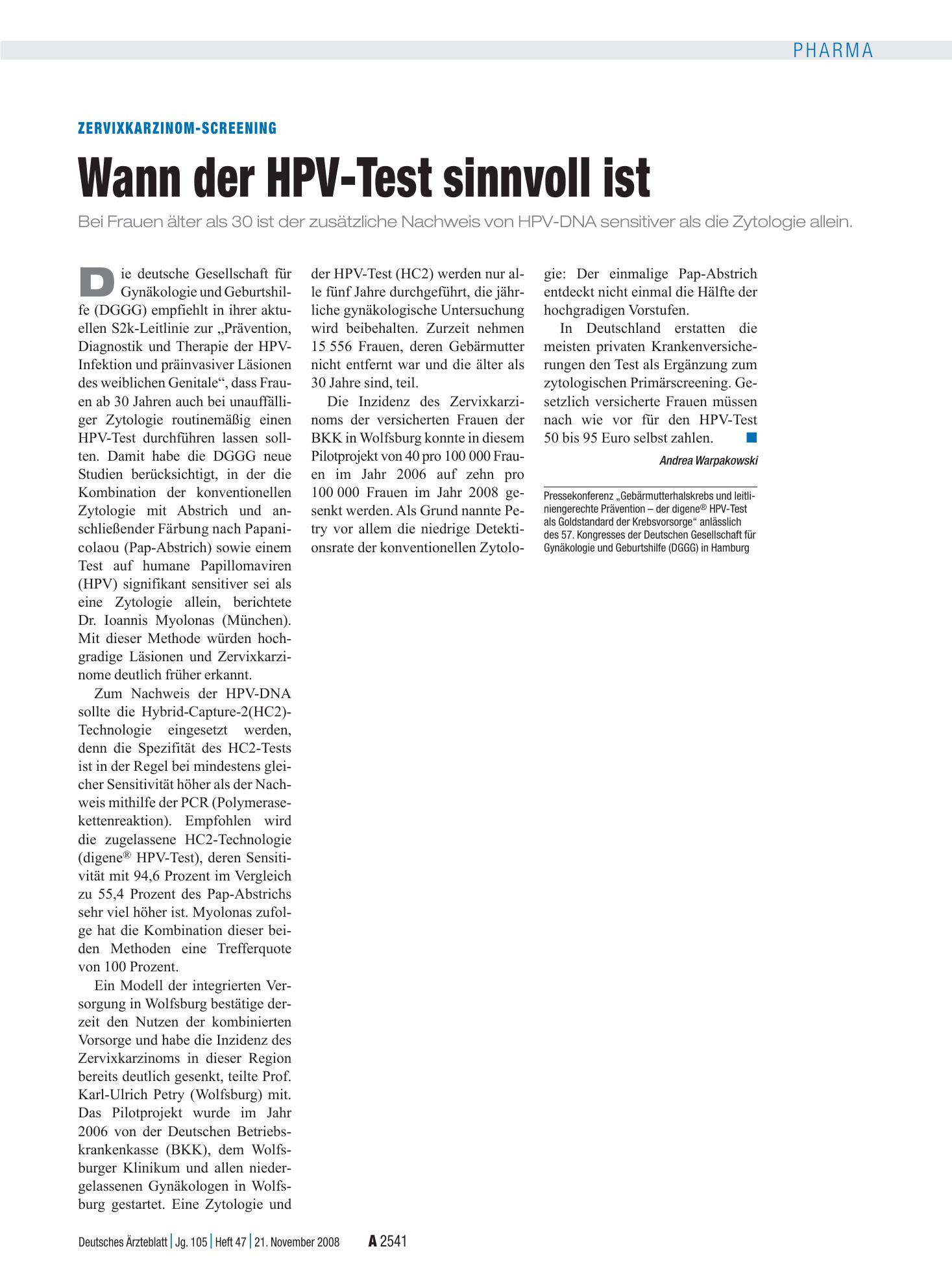 Vorschauseite 1: Zervixkarzinom-Screening: Wann der HPV-Test sinnvoll ist – Deutsches Ärzteblatt