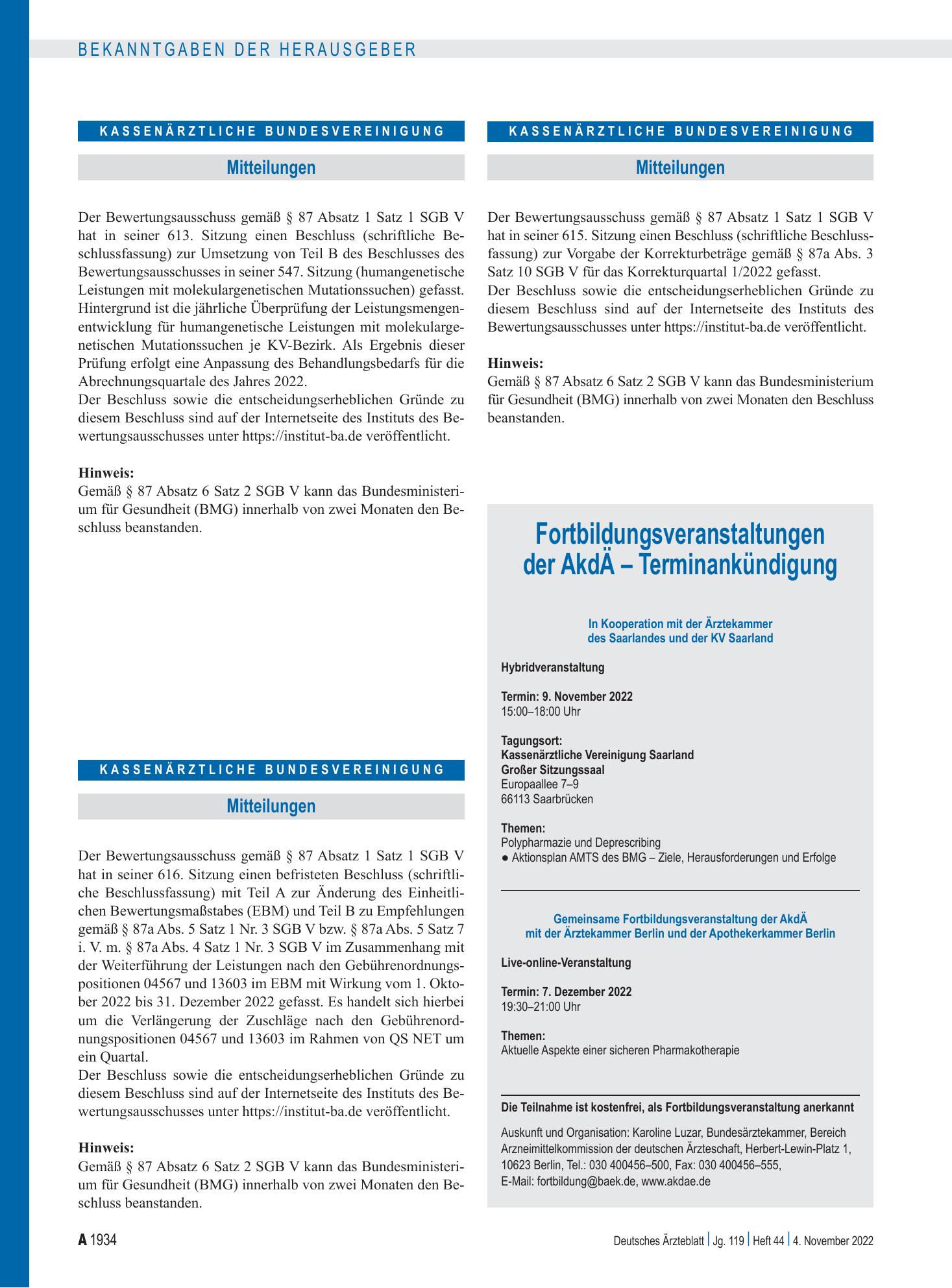 Vorschauseite 1: Mitteilungen – Deutsches Ärzteblatt