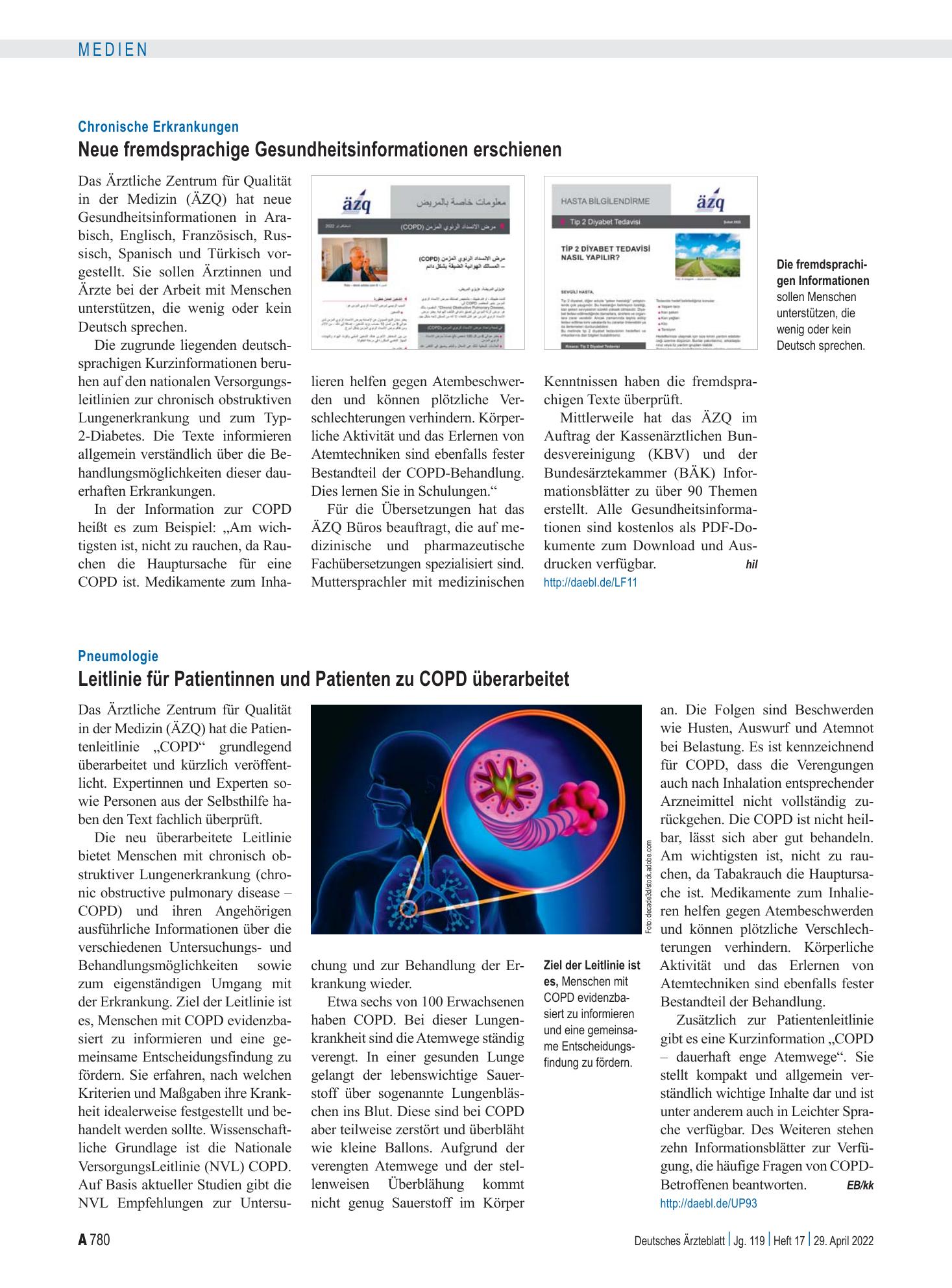 Vorschauseite 1: Pneumologie: Leitlinie für Patientinnen und Patienten zu COPD überarbeitet – Deutsches Ärzteblatt