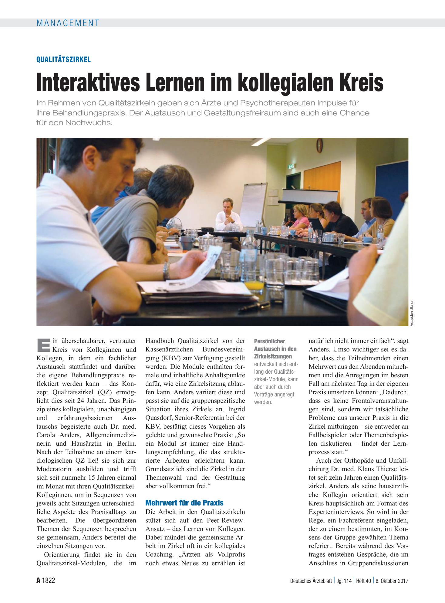 Vorschauseite 1: Qualitätszirkel: Interaktives Lernen im kollegialen Kreis – Deutsches Ärzteblatt