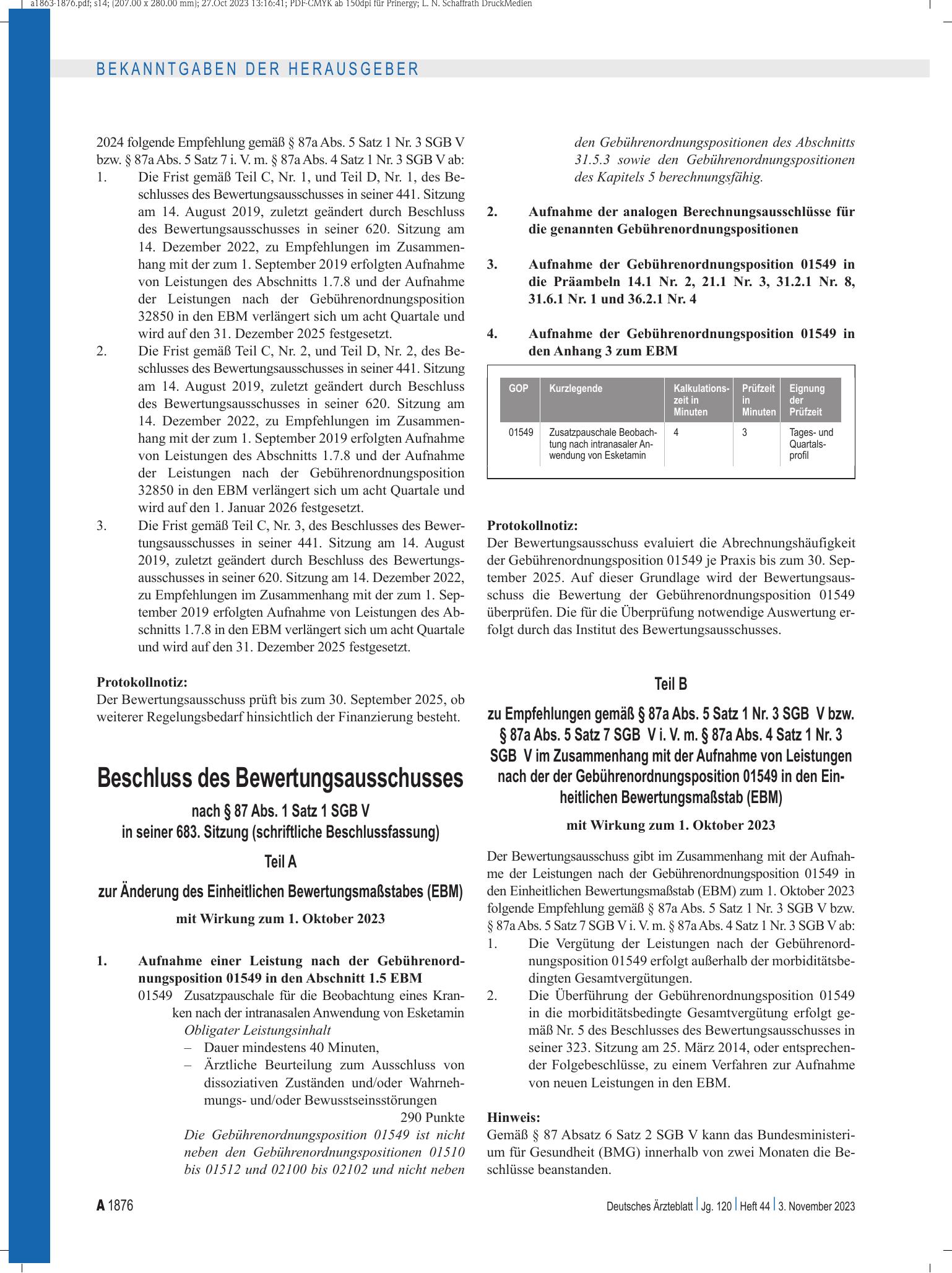 Vorschauseite 1: Beschluss des Bewertungsausschusses nach § 87 Abs. 1 Satz 1 SGB V in seiner 683. Sitzung (schriftliche Beschlussfassung) – Deutsches Ärzteblatt