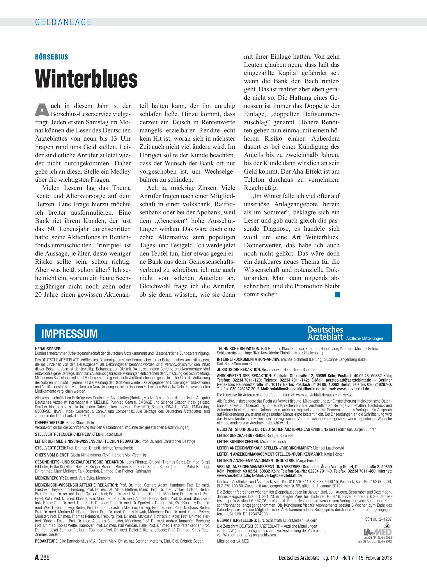 Vorschauseite 1: Börsebius: Winterblues – Deutsches Ärzteblatt