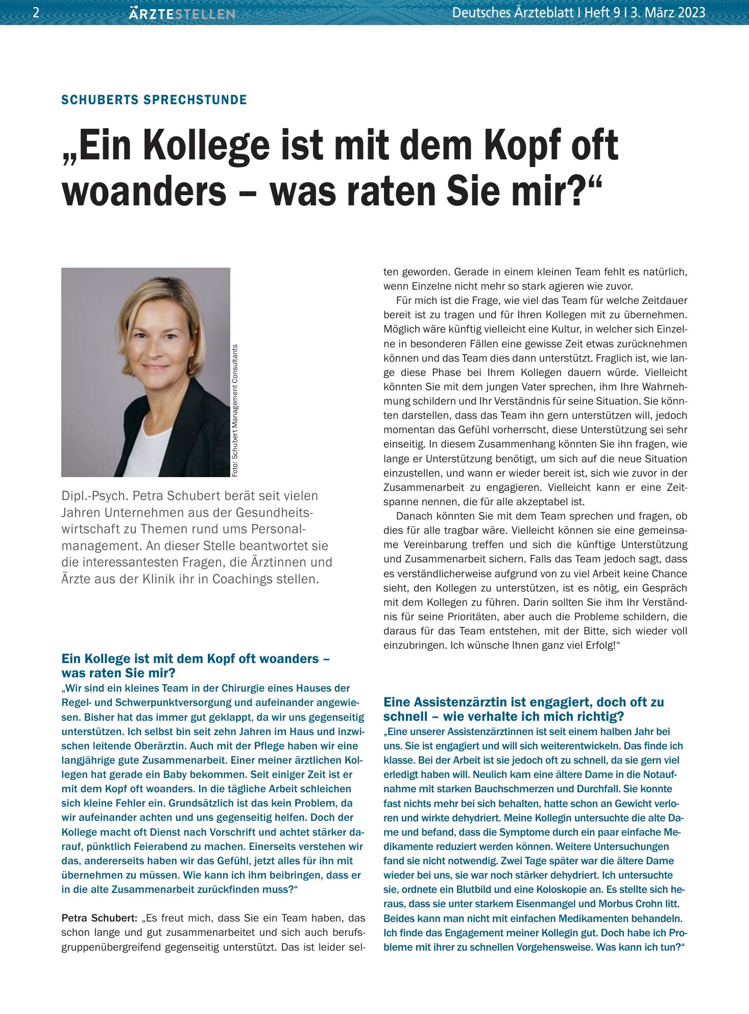 Vorschauseite 1: Schuberts Sprechstunde: „Ein Kollege ist mit dem Kopf oft woanders – was raten Sie mir?“ – Deutsches Ärzteblatt
