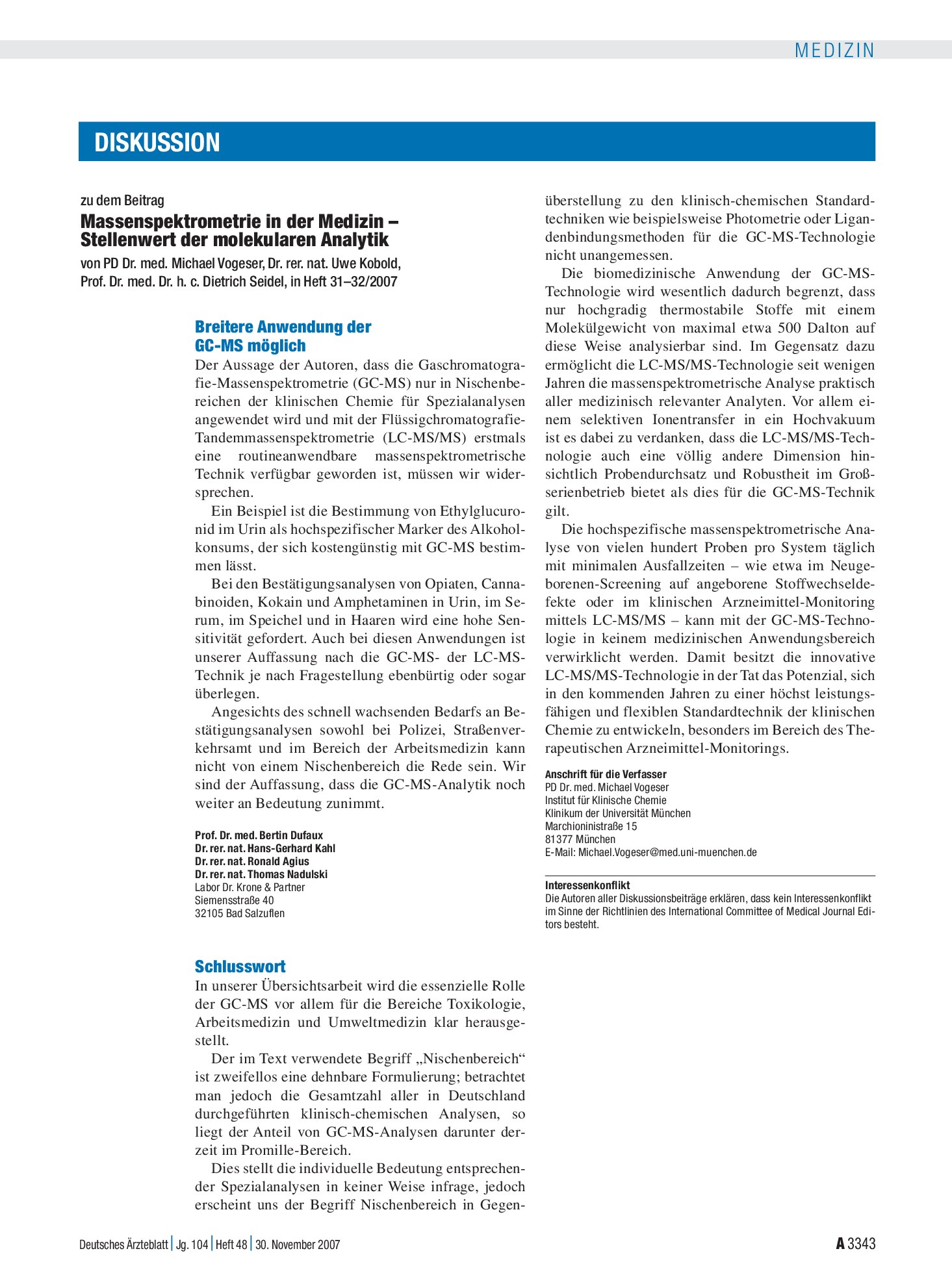 Vorschauseite 1: Massenspektrometrie in der Medizin – Stellenwert der molekularen Analytik: Schlusswort – Deutsches Ärzteblatt
