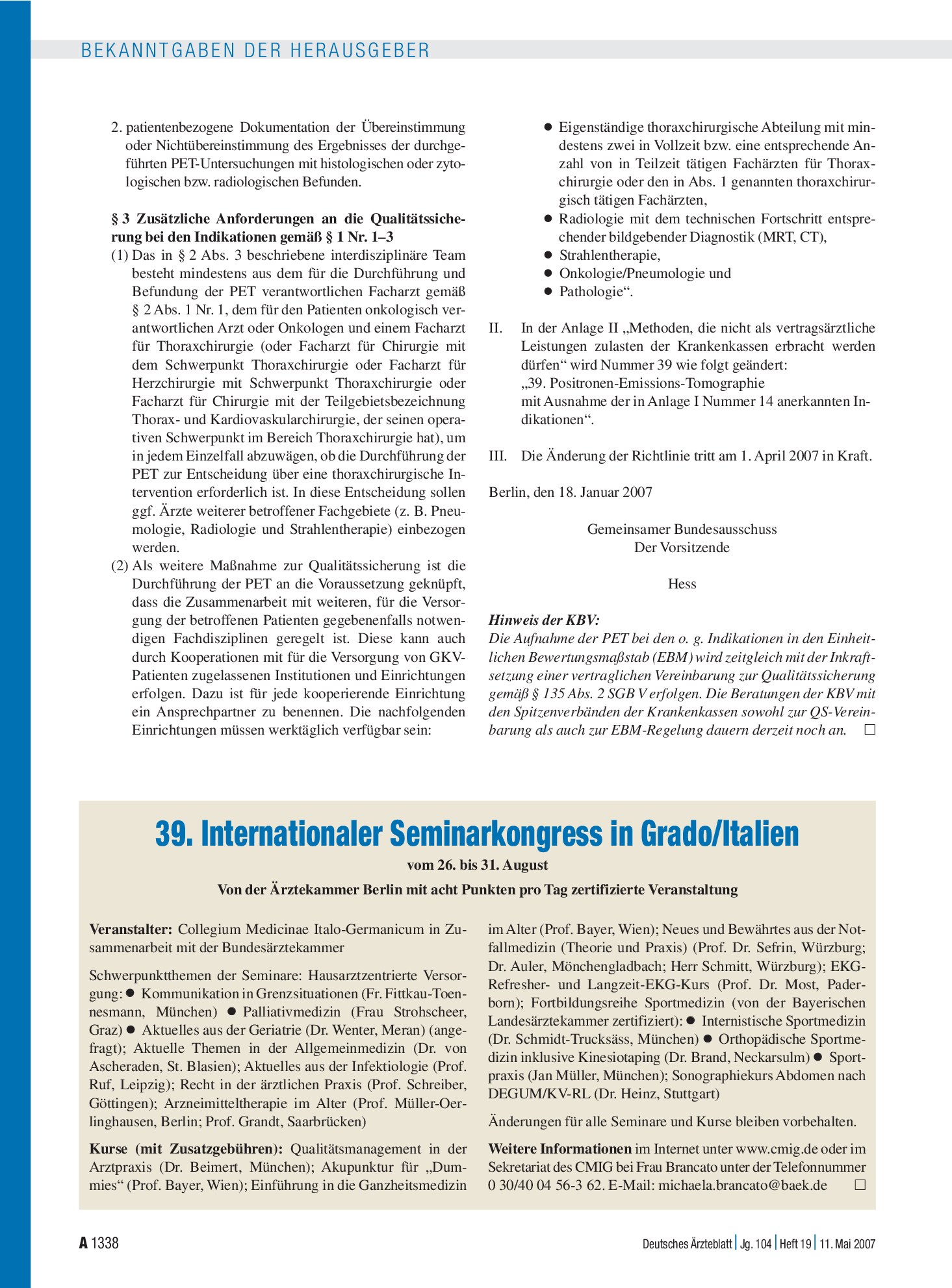 Vorschauseite 1: 39. Internationaler Seminarkongress in Grado/Italien vom 26. bis 31. August – Deutsches Ärzteblatt