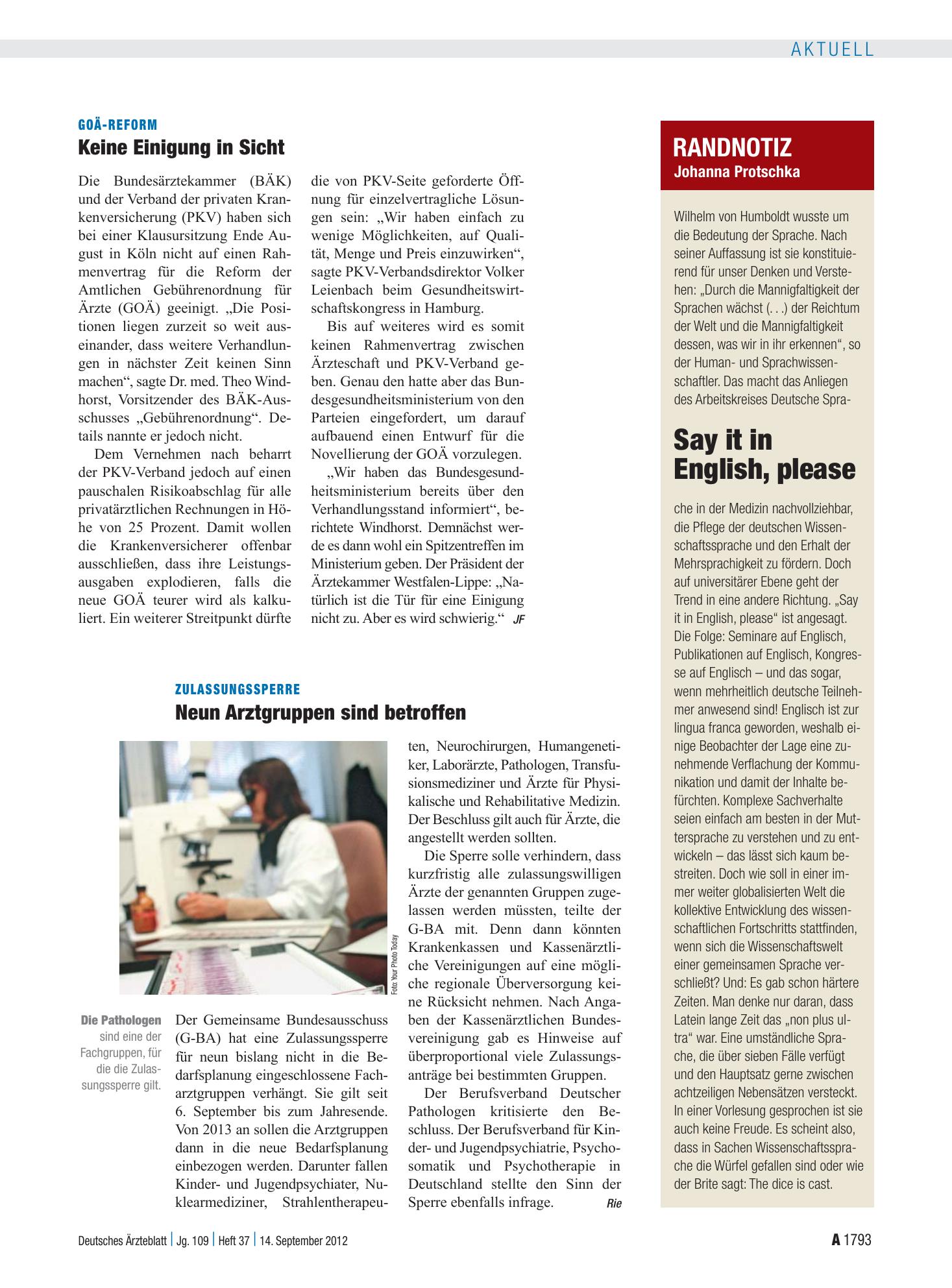 Vorschauseite 1: GOÄ-Reform: Keine Einigung in Sicht – Deutsches Ärzteblatt