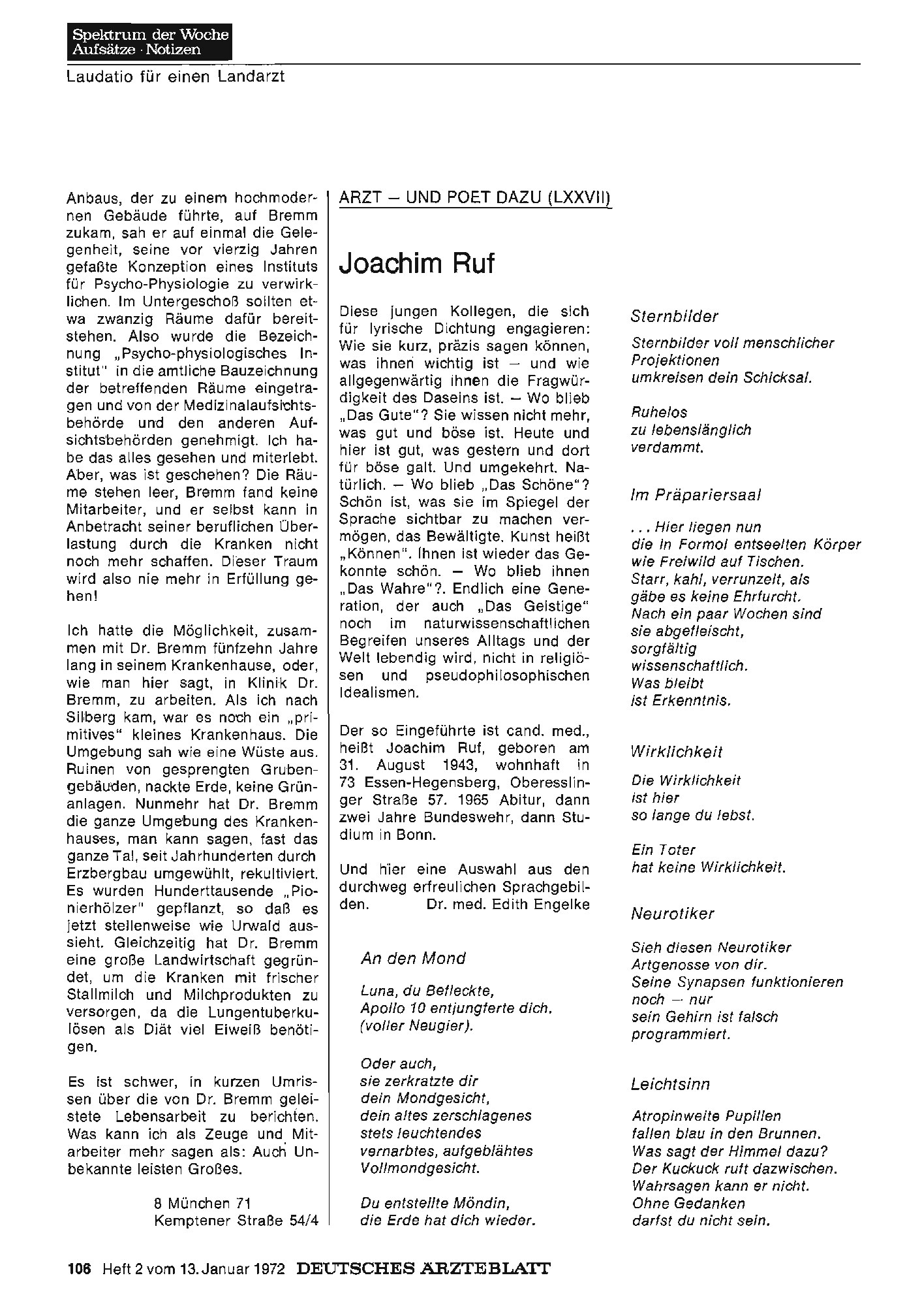 Vorschauseite 1: Arzt — und Poet dazu (LXXVII): Joachim Ruf