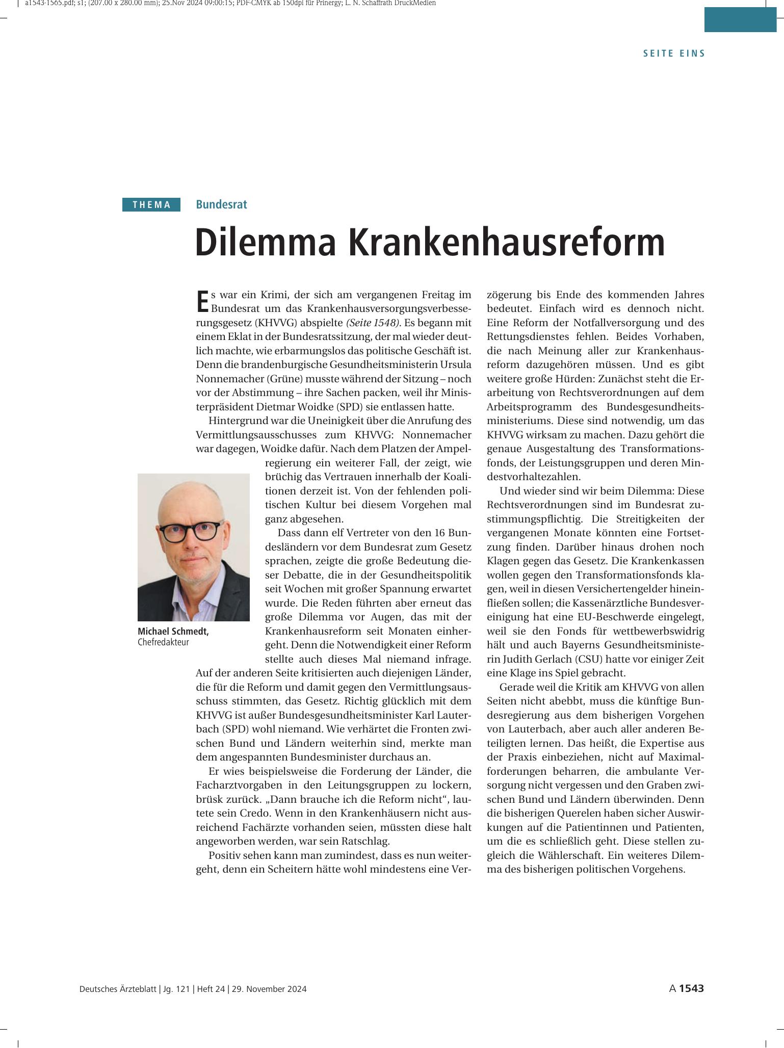 Vorschauseite 1: Bundesrat: Dilemma Krankenhausreform – Deutsches Ärzteblatt