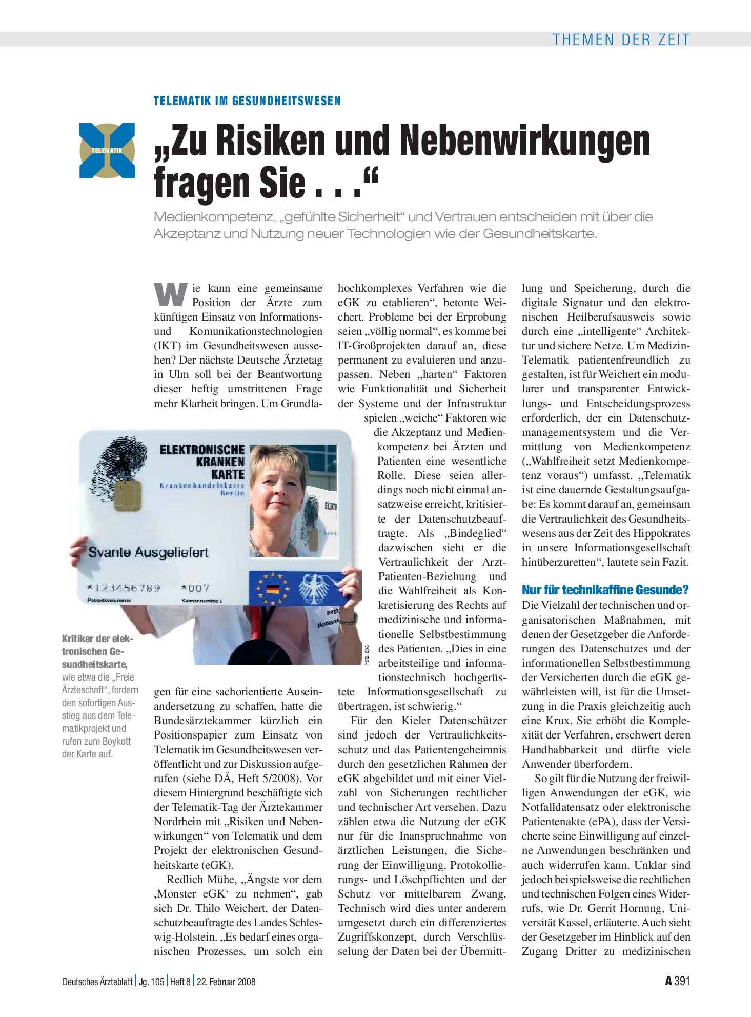 Vorschauseite 1: Telematik im Gesundheitswesen: „Zu Risiken und Nebenwirkungen fragen Sie . . .“ – Deutsches Ärzteblatt