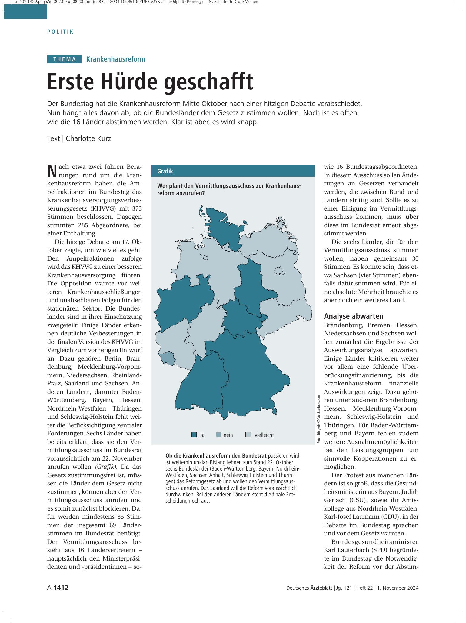 Vorschauseite 1: Krankenhausreform: Erste Hürde geschafft – Deutsches Ärzteblatt