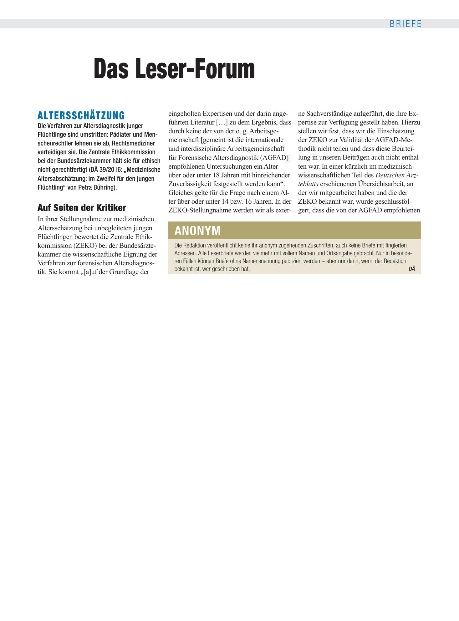 Vorschauseite 1: Altersschätzung: Aufseiten der Kritiker – Deutsches Ärzteblatt
