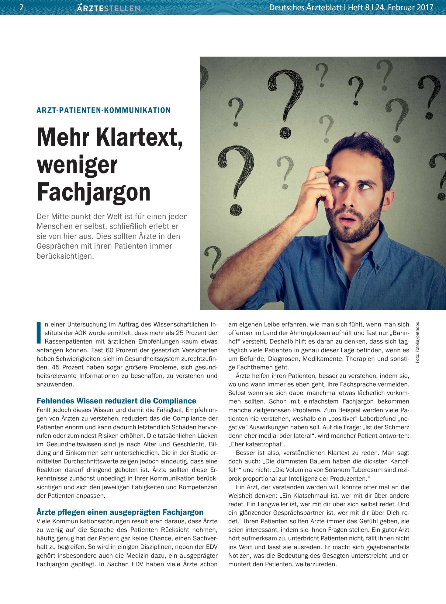 Vorschauseite 1: Arzt-Patienten-Kommunikation: Mehr Klartext, weniger Fachjargon – Deutsches Ärzteblatt