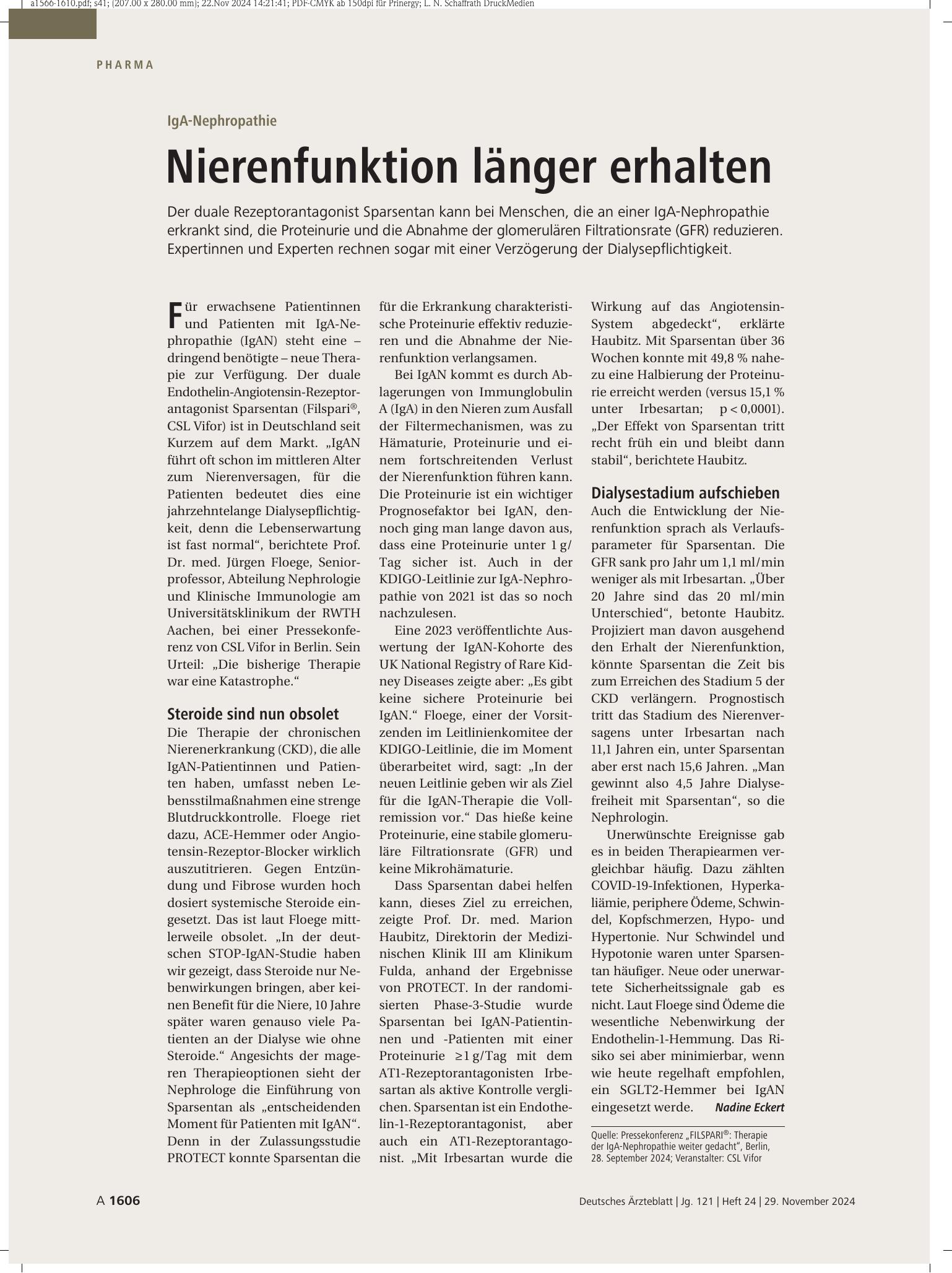 Vorschauseite 1: IgA-Nephropathie: Nierenfunktion länger erhalten – Deutsches Ärzteblatt