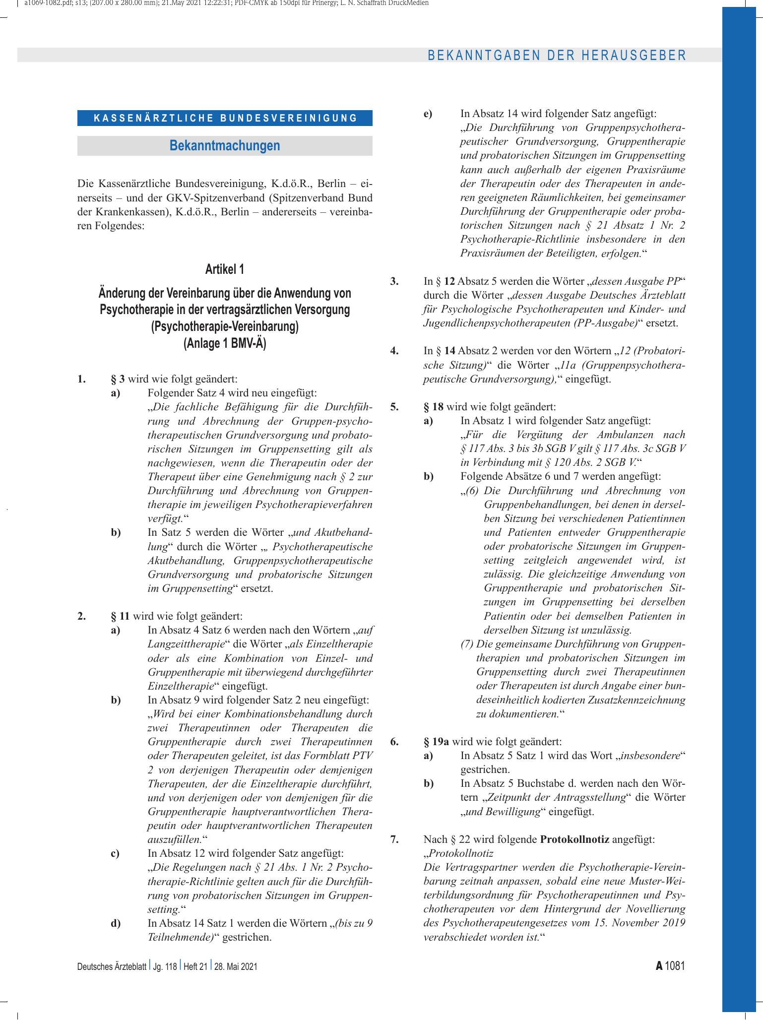 Vorschauseite 1: Änderung der Vereinbarung über die Anwendung von Psychotherapie in der vertragsärztlichen Versorgung (Psychotherapie-Vereinbarung) (Anlage 1 BMV-Ä) – Deutsches Ärzteblatt