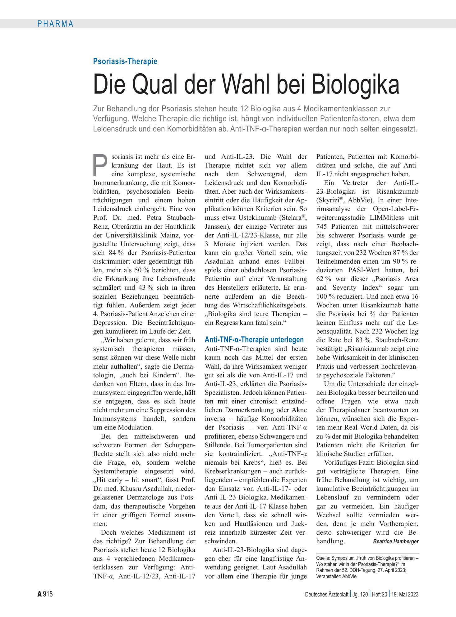 Vorschauseite 1: Psoriasis-Therapie: Die Qual der Wahl bei Biologika – Deutsches Ärzteblatt