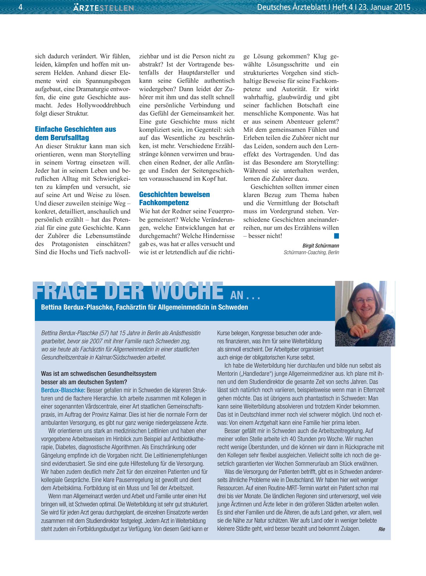 Vorschauseite 1: Frage der Woche an . . . Bettina Berdux-Plaschke, Fachärztin für Allgemeinmedizin in Schweden – Deutsches Ärzteblatt
