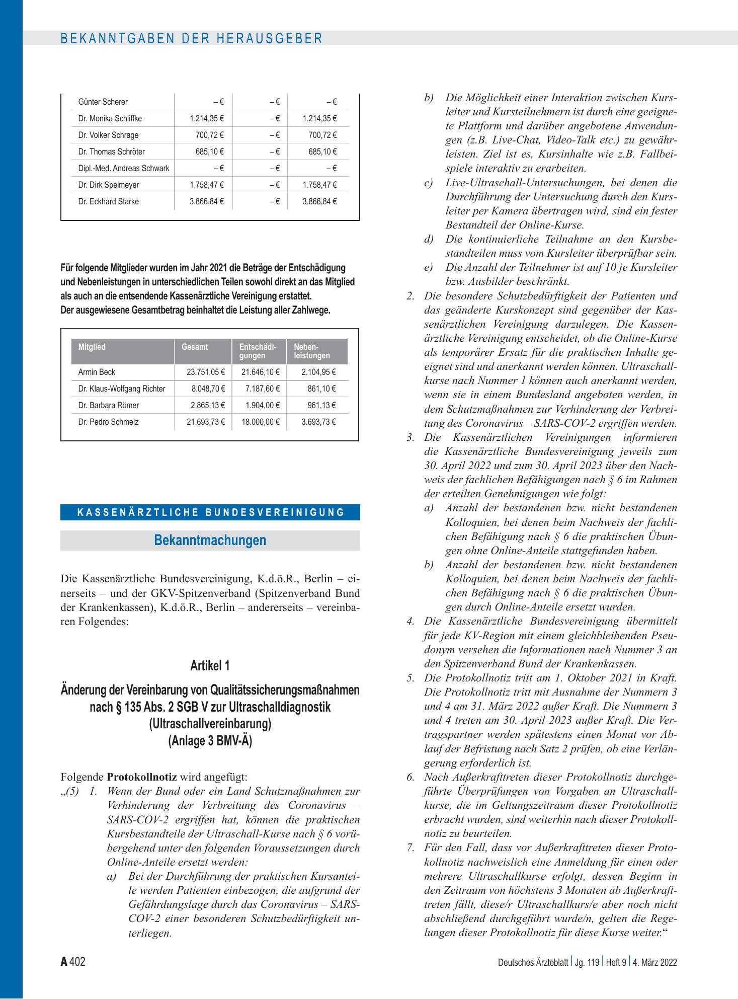Vorschauseite 1: Änderung der Vereinbarung von Qualitätssicherungsmaßnahmen nach § 135 Abs. 2 SGB V zur Ultraschalldiagnostik – Deutsches Ärzteblatt