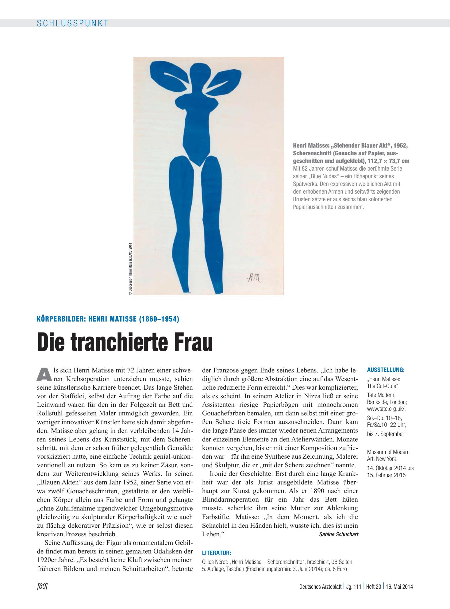Vorschauseite 1: Körperbilder: Henri Matisse (1869–1954) – Die tranchierte Frau – Deutsches Ärzteblatt