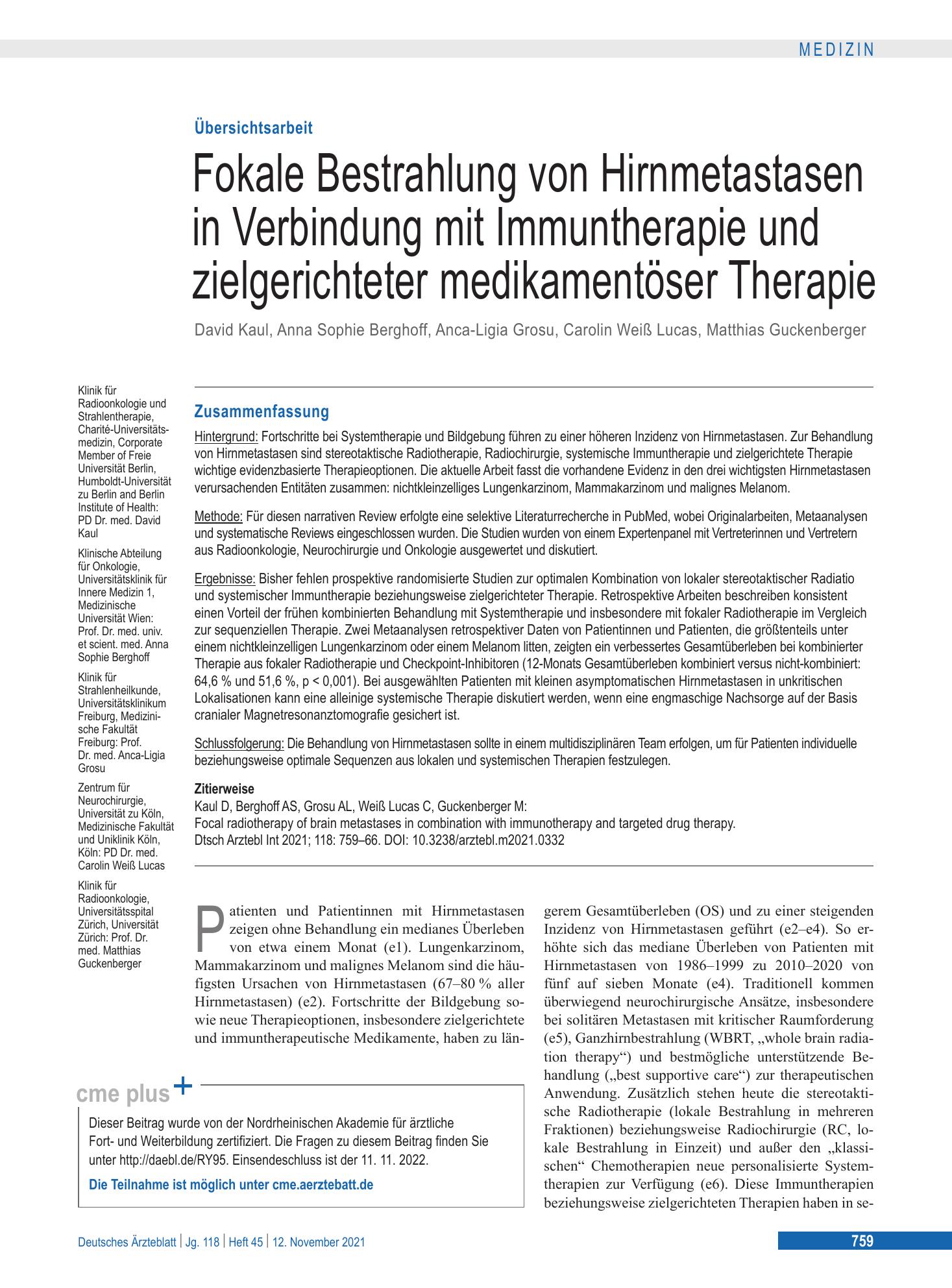 Vorschauseite 1: Fokale Bestrahlung von Hirnmetastasen in Verbindung mit Immuntherapie und zielgerichteter medikamentöser Therapie – Deutsches Ärzteblatt