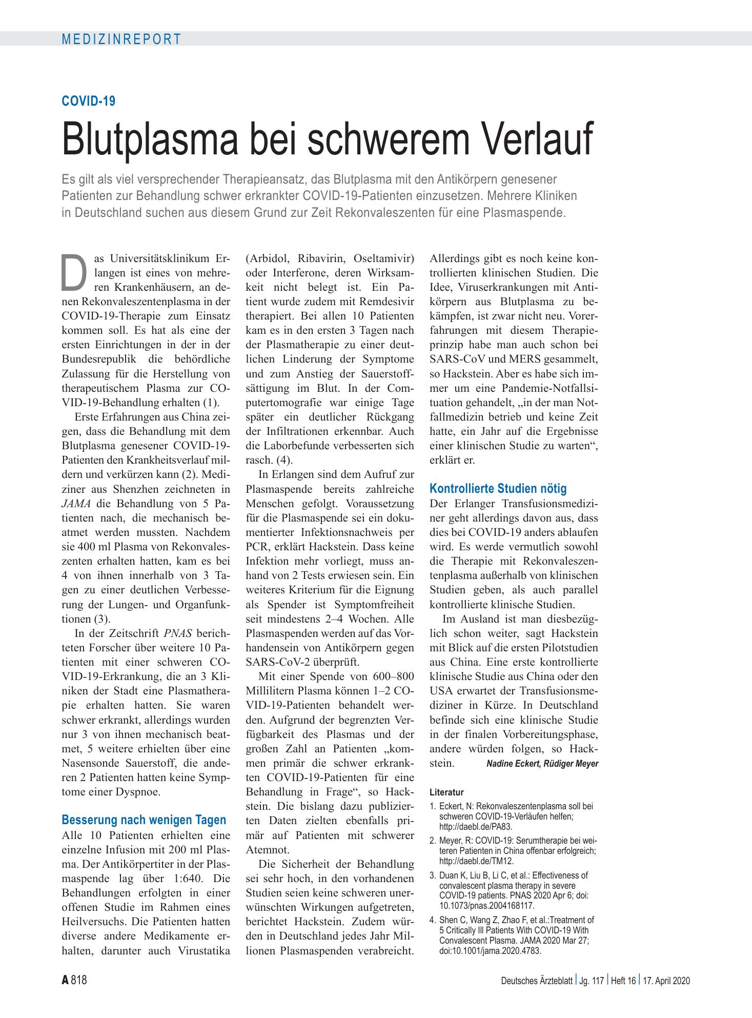 Vorschauseite 1: COVID-19: Blutplasma bei schwerem Verlauf – Deutsches Ärzteblatt