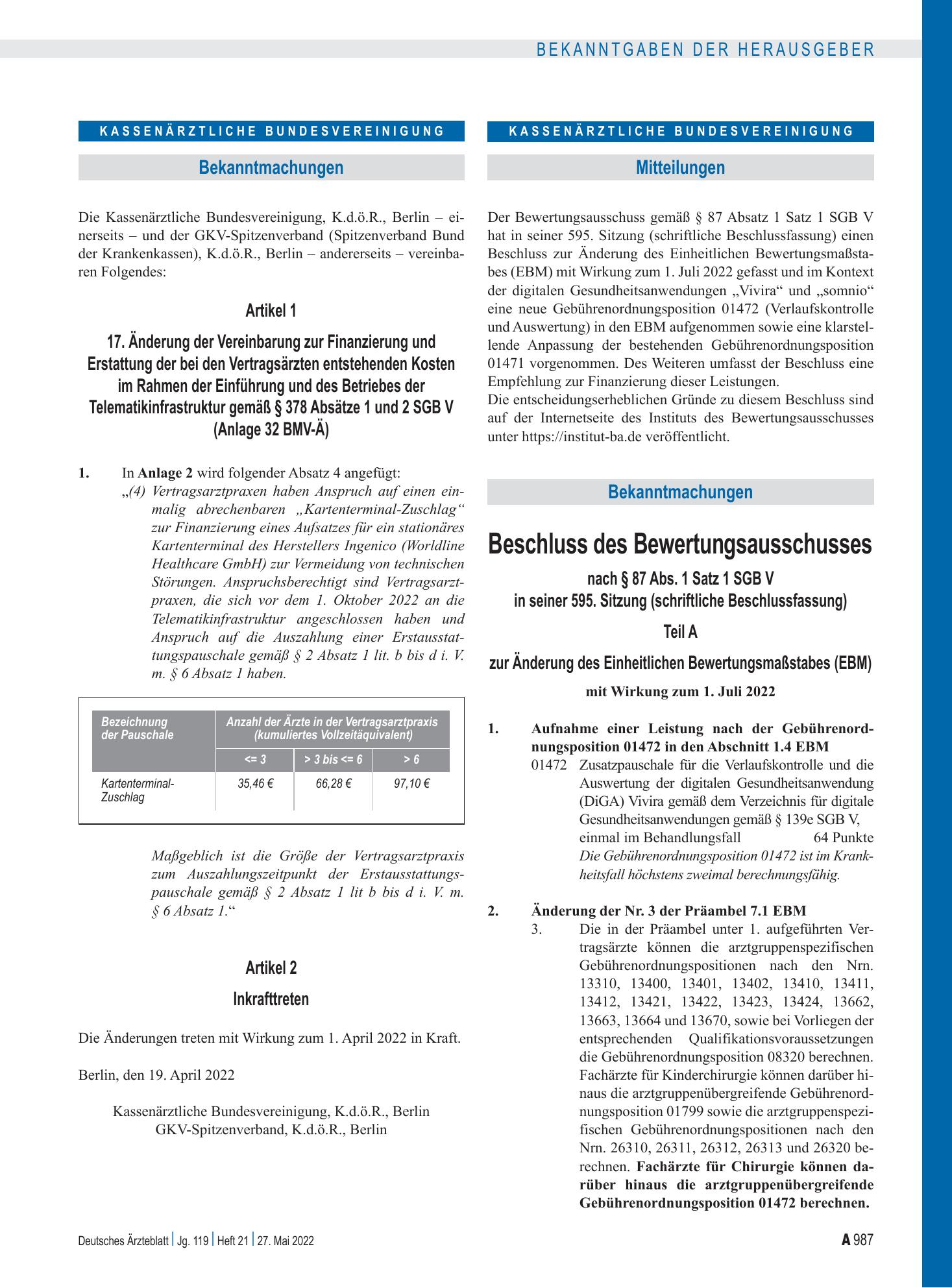 Vorschauseite 1: Beschluss des Bewertungsausschusses nach § 87 Abs. 1 Satz 1 SGB V in seiner 595. Sitzung (schriftliche Beschlussfassung) – Deutsches Ärzteblatt