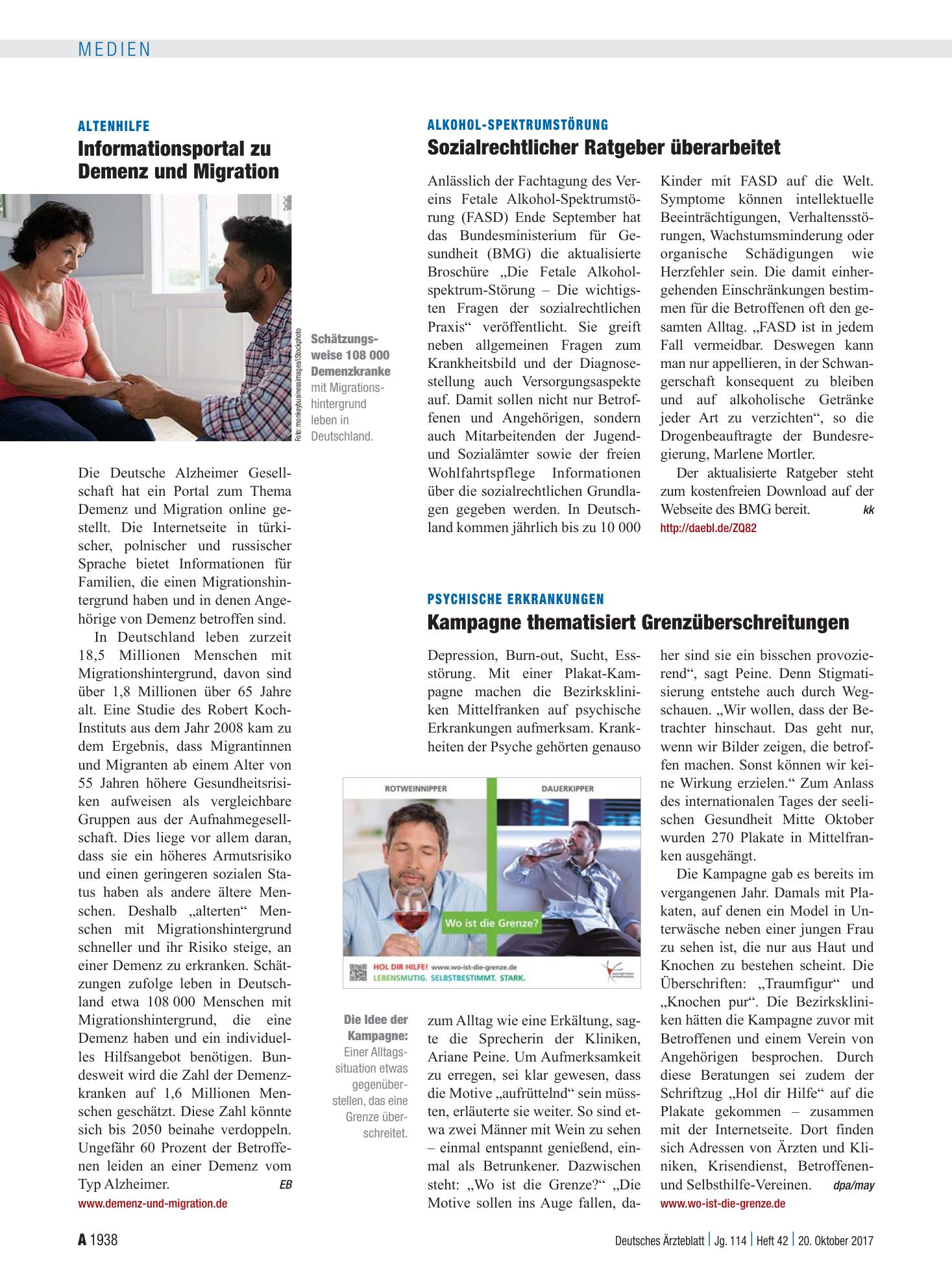 Vorschauseite 1: Altenhilfe: Informationsportal zu Demenz und Migration – Deutsches Ärzteblatt