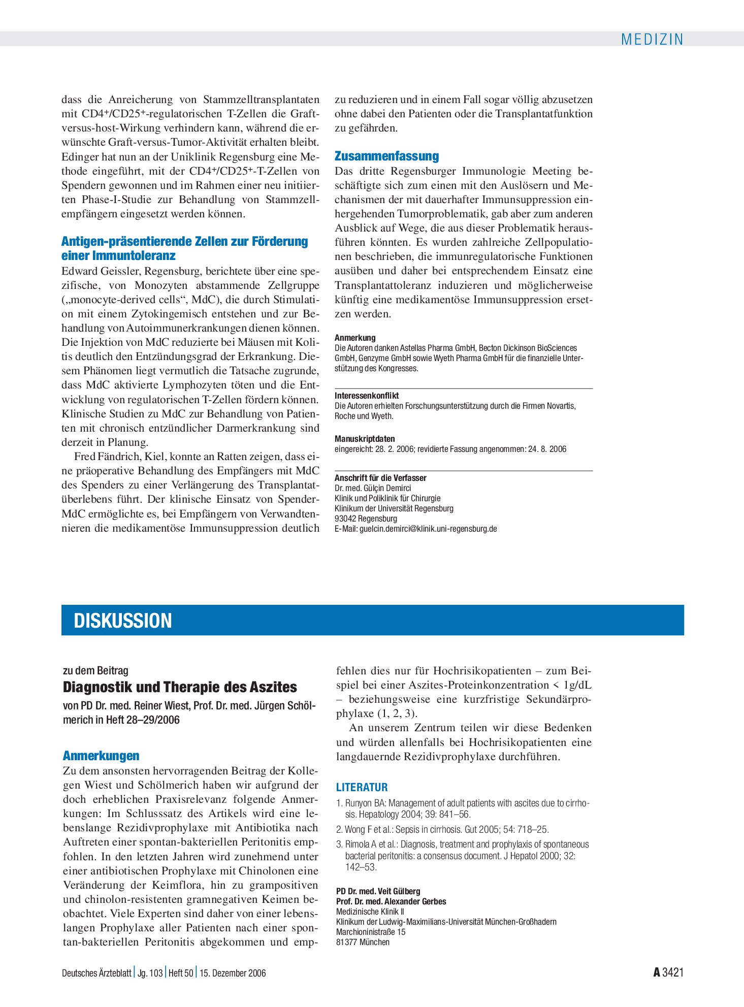 Vorschauseite 1: Diagnostik und Therapie des Aszites: Anmerkungen – Deutsches Ärzteblatt