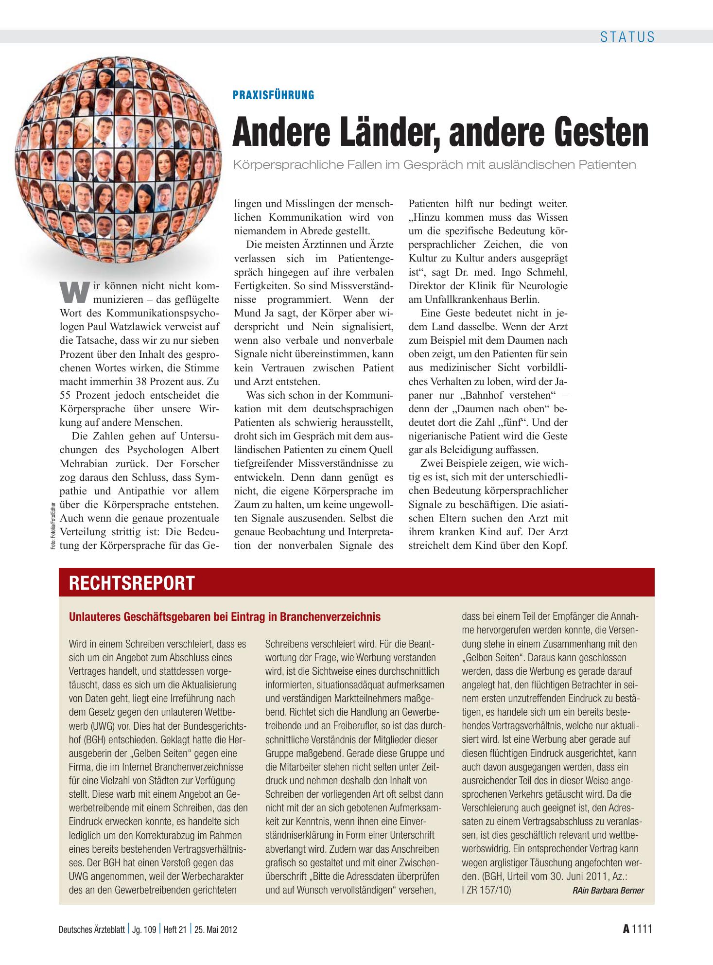 Vorschauseite 1: Praxisführung: Andere Länder, andere Gesten – Deutsches Ärzteblatt