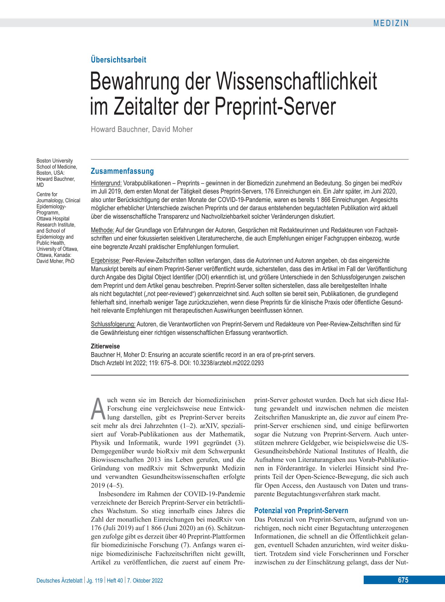 Vorschauseite 1: Bewahrung der Wissenschaftlichkeit im Zeitalter der Preprint-Server – Deutsches Ärzteblatt