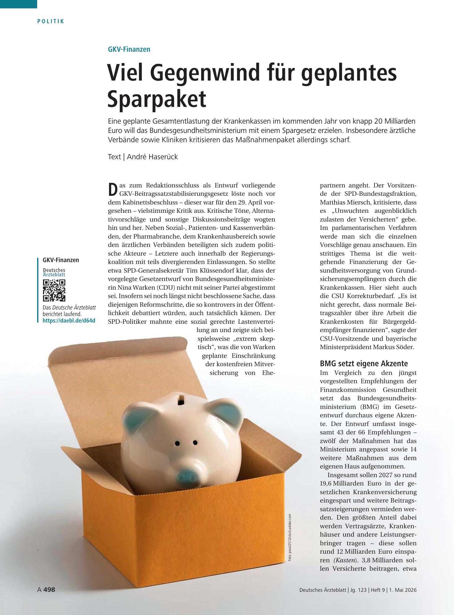 Vorschauseite 1: GKV-Finanzen: Viel Gegenwind für geplantes Sparpaket – Deutsches Ärzteblatt