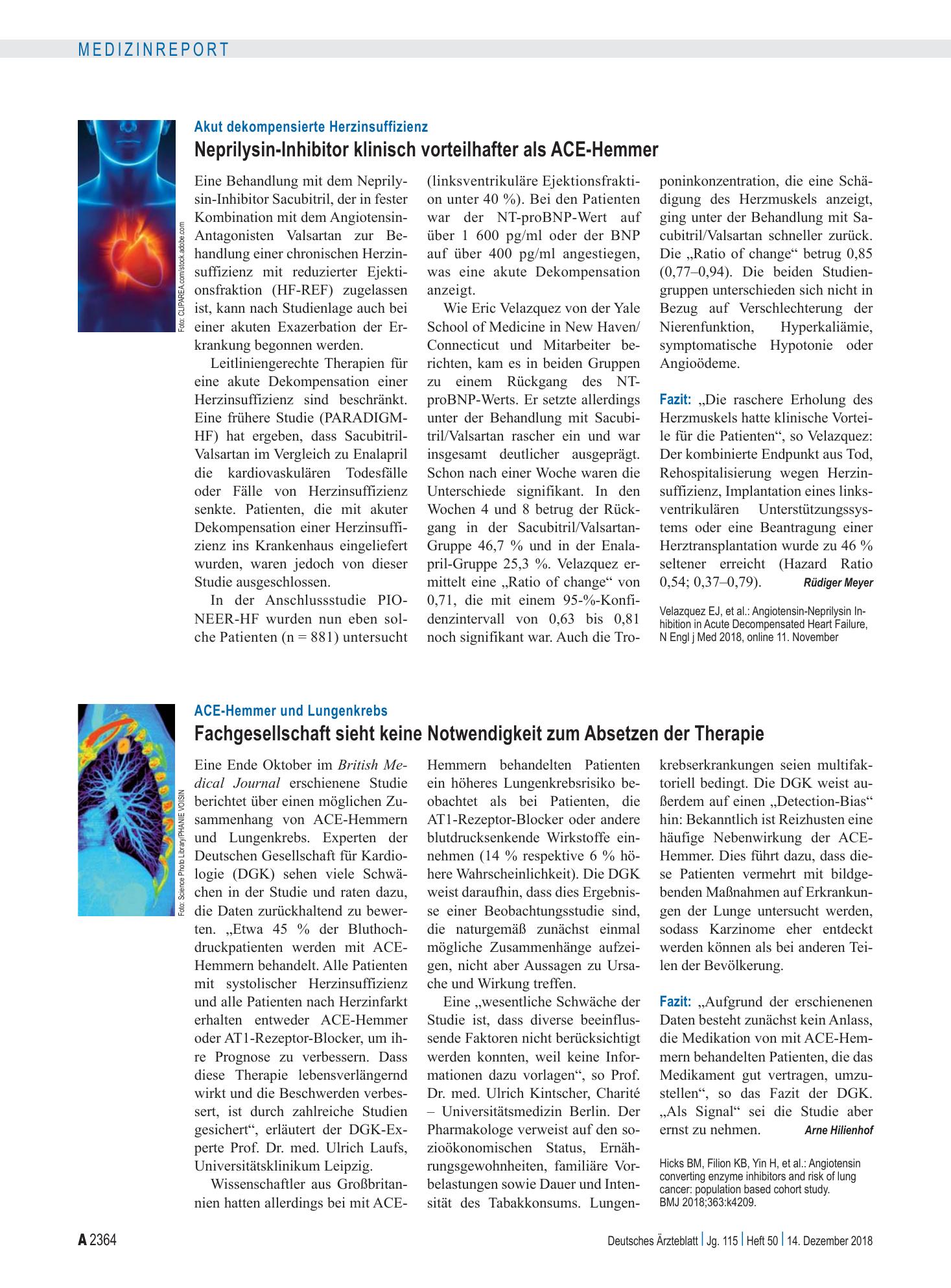 Vorschauseite 1: ACE-Hemmer und Lungenkrebs: Fachgesellschaft sieht keine Notwendigkeit zum Absetzen der Therapie – Deutsches Ärzteblatt