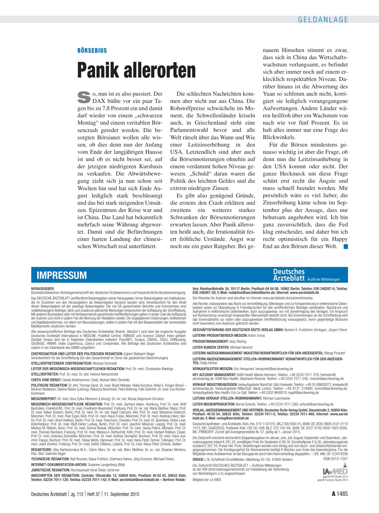 Vorschauseite 1: Börsebius: Panik allerorten – Deutsches Ärzteblatt