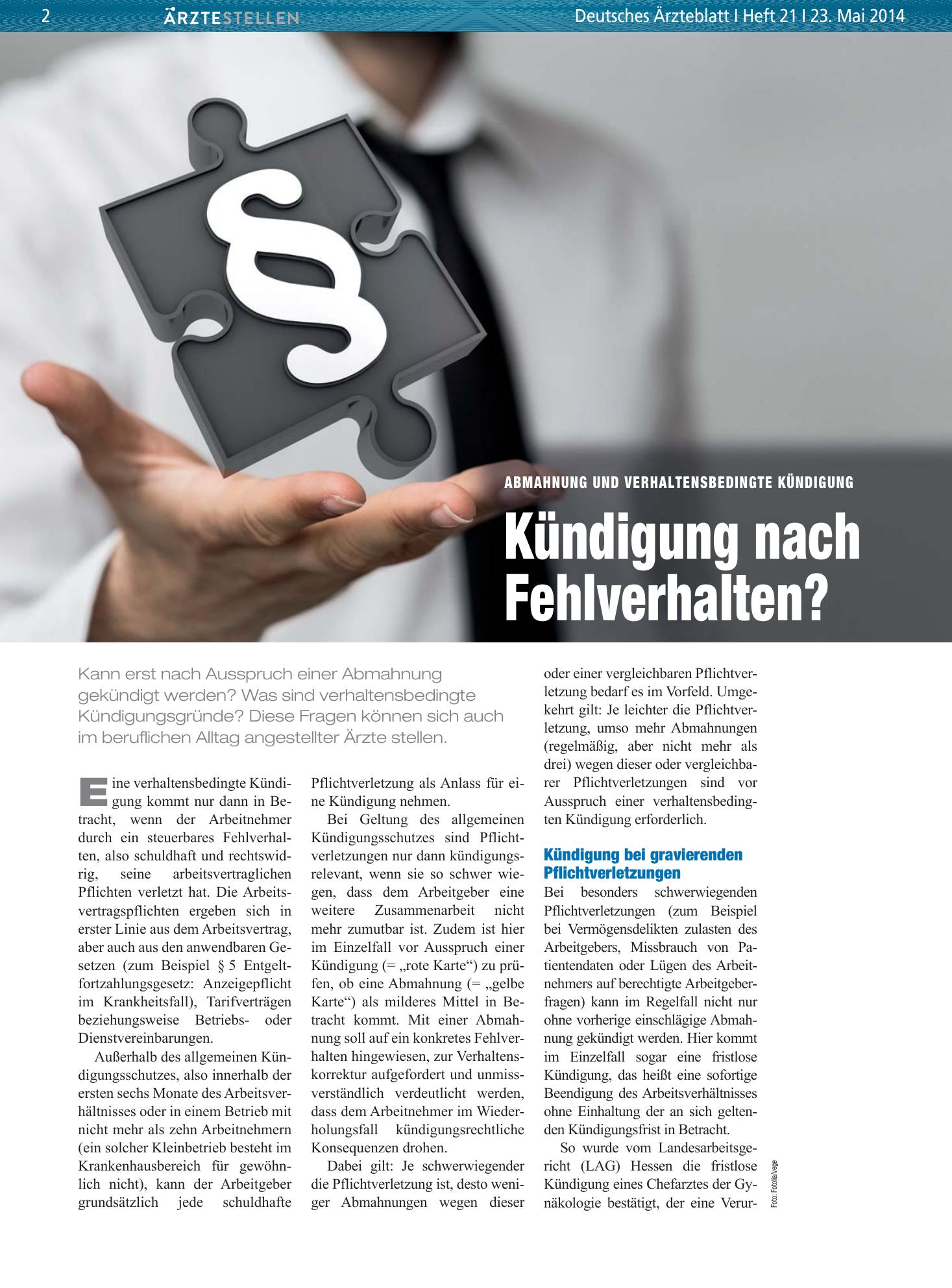 Vorschauseite 1: Abmahnung und verhaltensbedingte Kündigung: Kündigung nach Fehlverhalten? – Deutsches Ärzteblatt