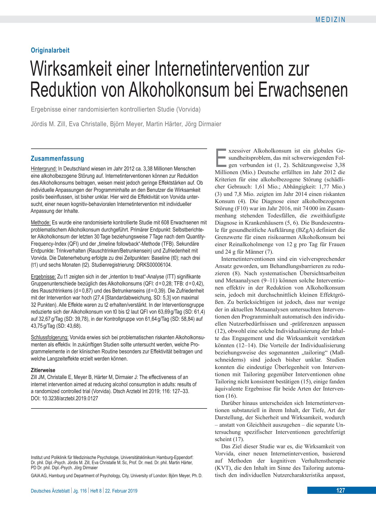 Vorschauseite 1: Wirksamkeit einer Internetintervention zur Reduktion von Alkoholkonsum bei Erwachsenen – Deutsches Ärzteblatt
