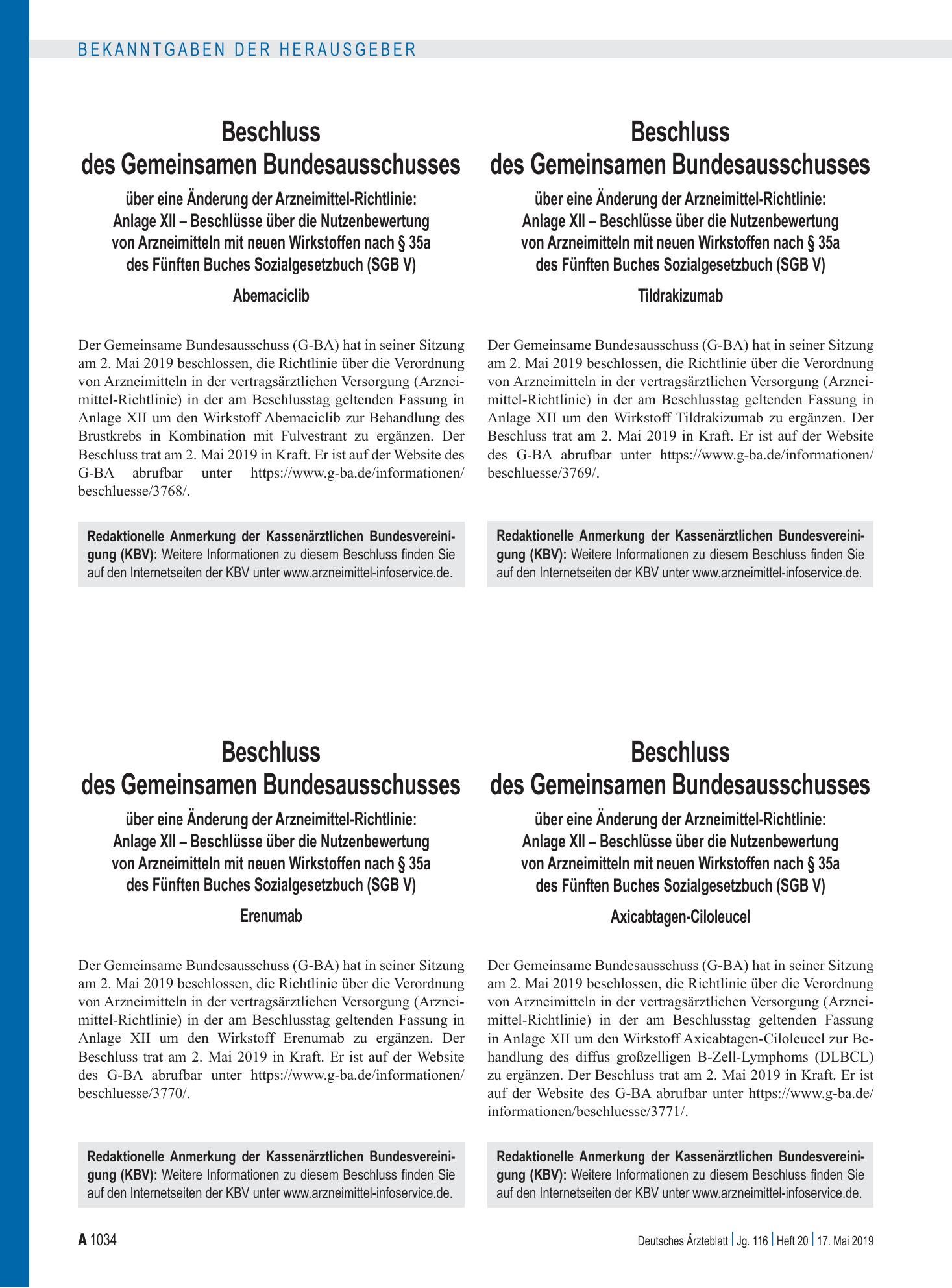 Vorschauseite 1: Beschluss des Gemeinsamen Bundesausschusses über eine Änderung der Arzneimittel-Richtlinie: Anlage XII – Tildrakizumab – Deutsches Ärzteblatt