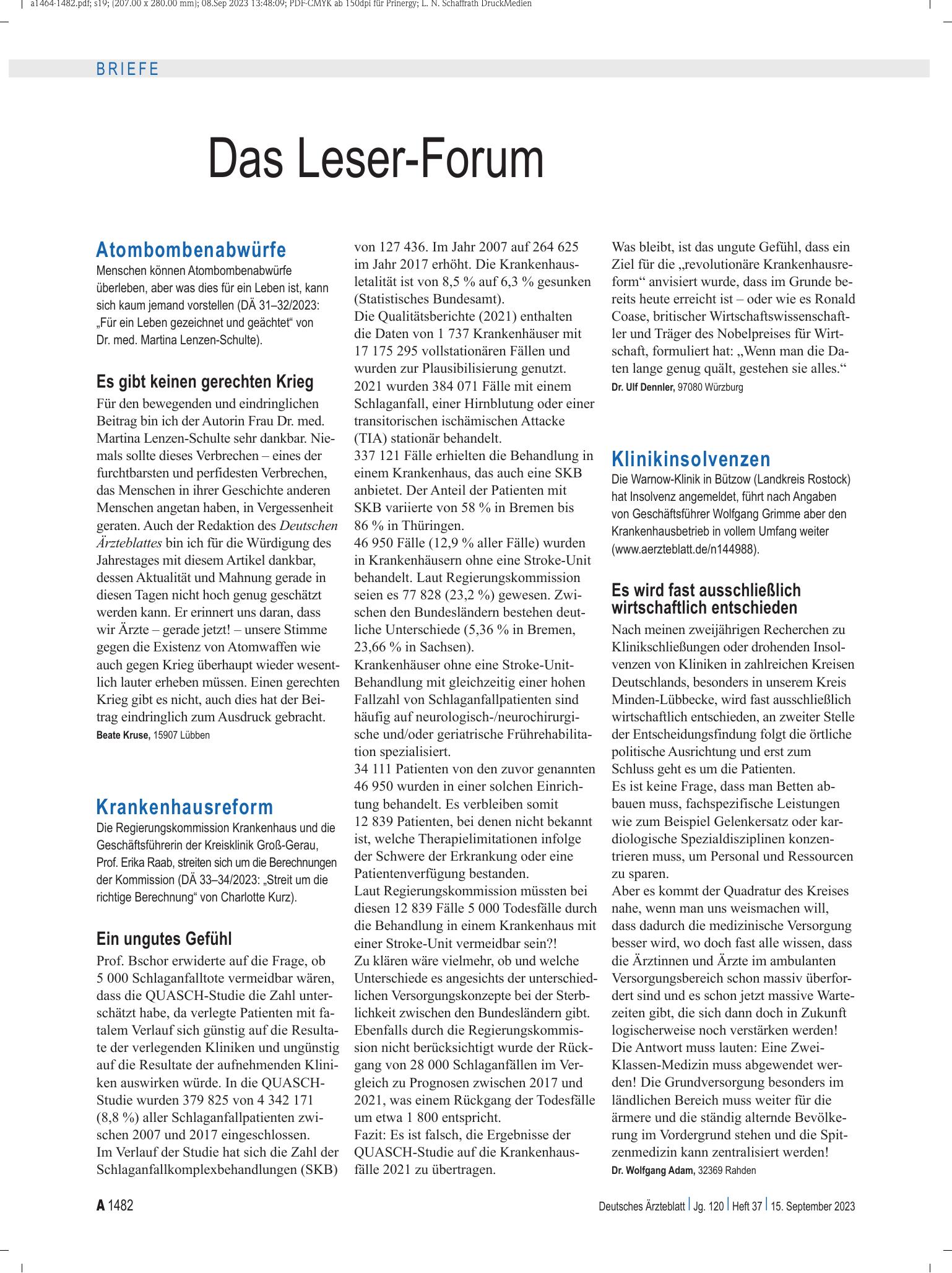 Vorschauseite 1: Krankenhausreform: Ein ungutes Gefühl – Deutsches Ärzteblatt