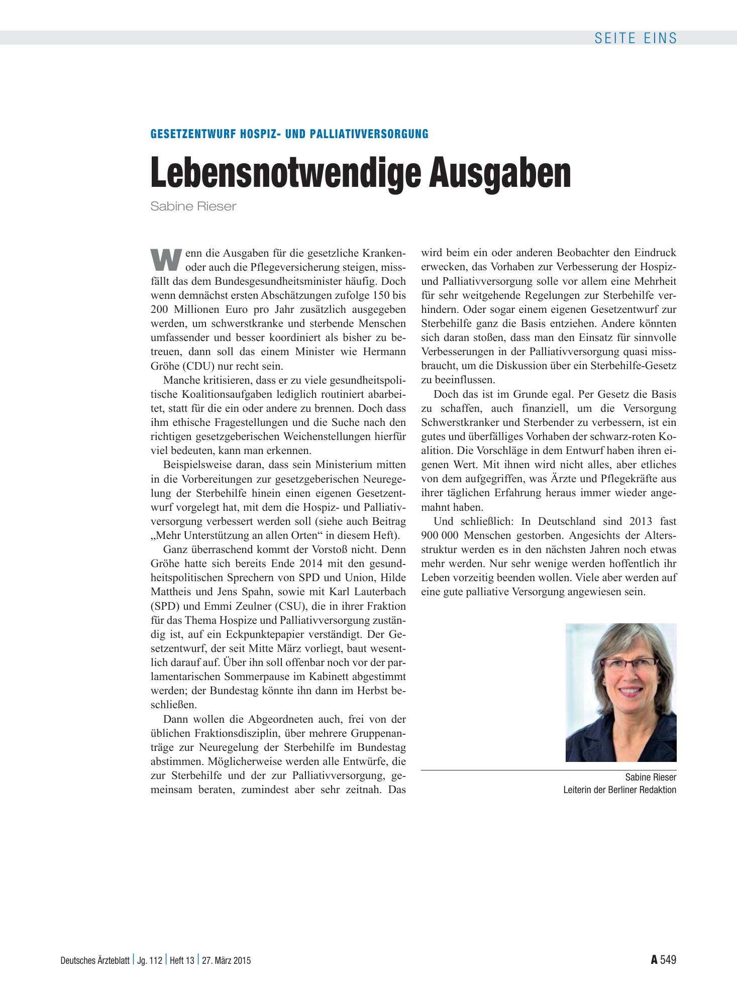 Vorschauseite 1: Gesetzentwurf Hospiz- und Palliativversorgung: Lebensnotwendige Ausgaben – Deutsches Ärzteblatt