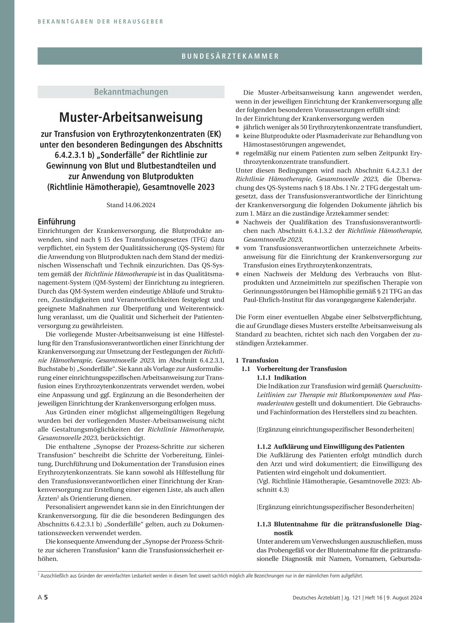 Vorschauseite 1: Muster-Arbeitsanweisung zur Transfusion von Erythrozytenkonzentraten (EK) unter den besonderen Bedingungen des Abschnitts 6.4.2.3.1 b) „Sonderfälle“ der Richtlinie zur Gewinnung v…