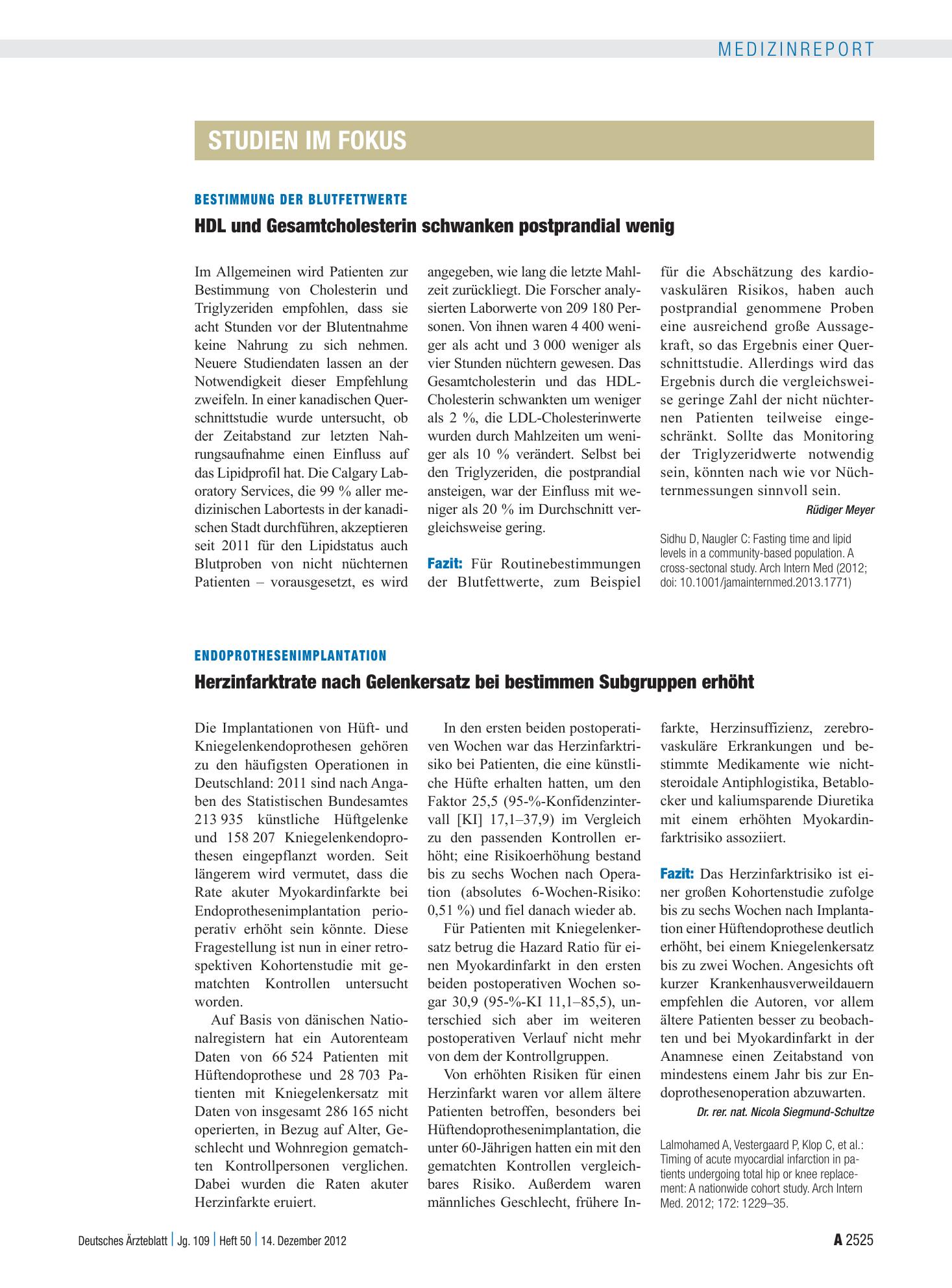 Vorschauseite 1: Bestimmung der Blutfettwerte: HDL und Gesamtcholesterin schwanken postprandial wenig – Deutsches Ärzteblatt