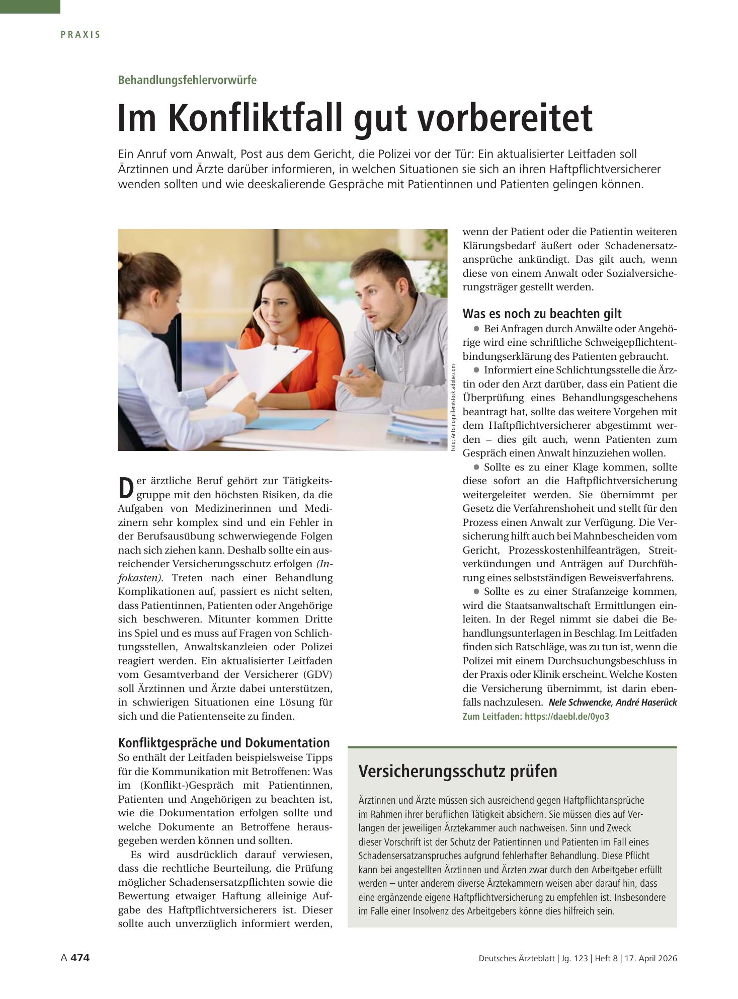 Vorschauseite 1: Behandlungsfehlervorwürfe: Im Konfliktfall gut vorbereitet – Deutsches Ärzteblatt
