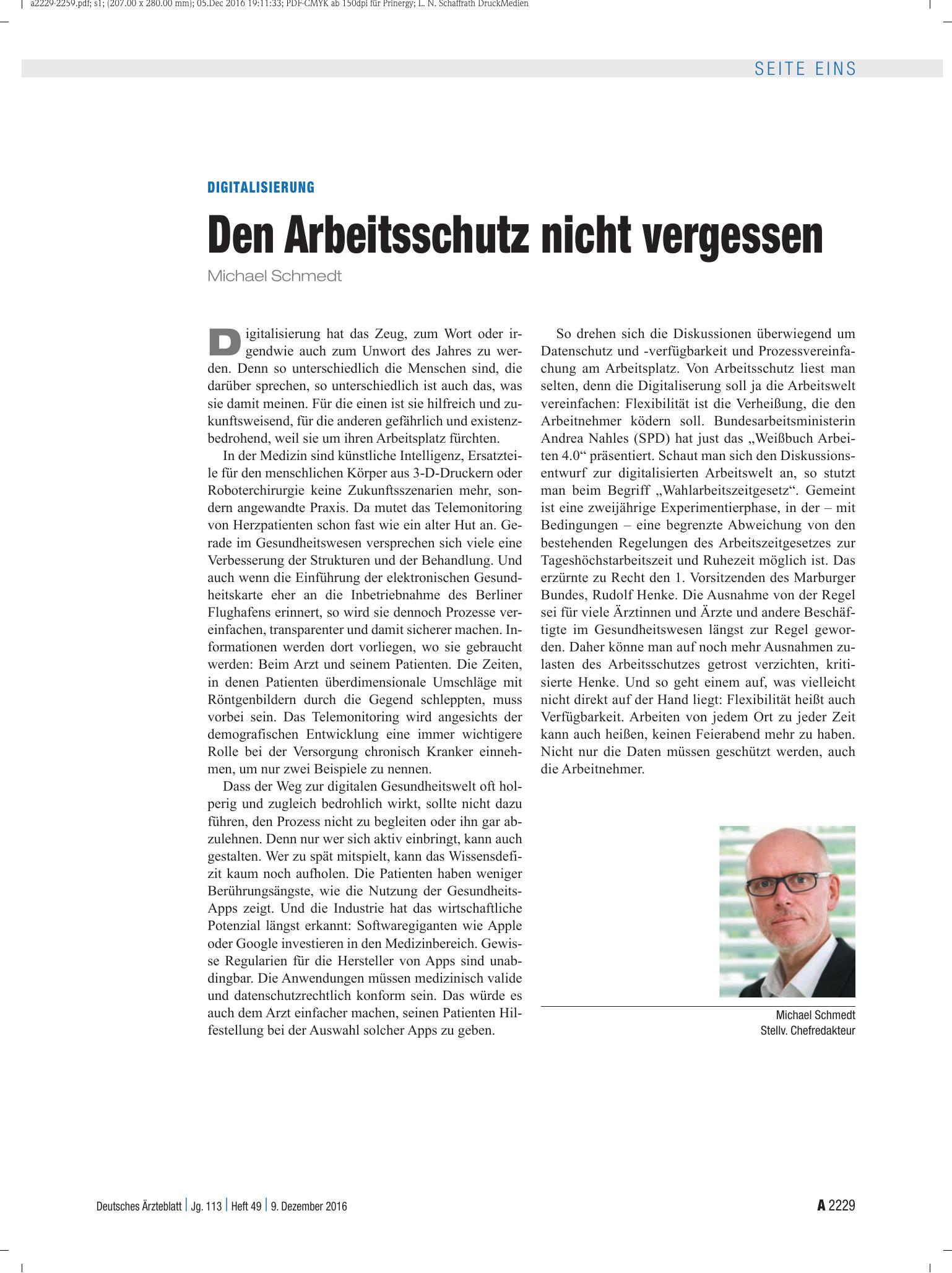 Vorschauseite 1: Digitalisierung: Den Arbeitsschutz nicht vergessen – Deutsches Ärzteblatt