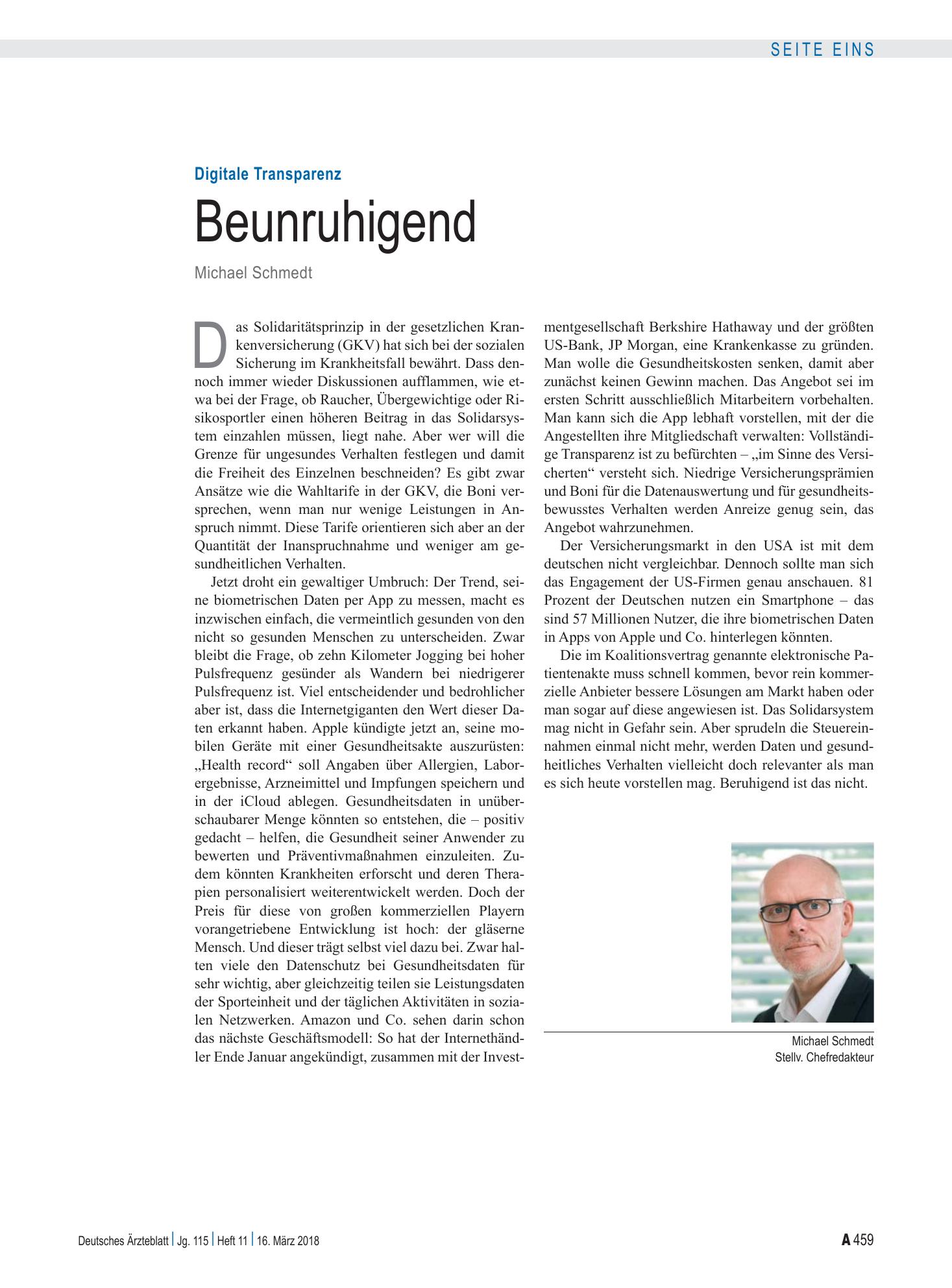 Vorschauseite 1: Digitale Transparenz: Beunruhigend – Deutsches Ärzteblatt