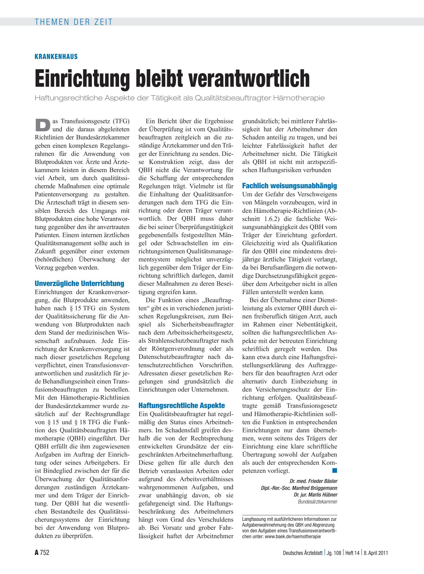 Vorschauseite 1: Krankenhaus: Einrichtung bleibt verantwortlich – Deutsches Ärzteblatt